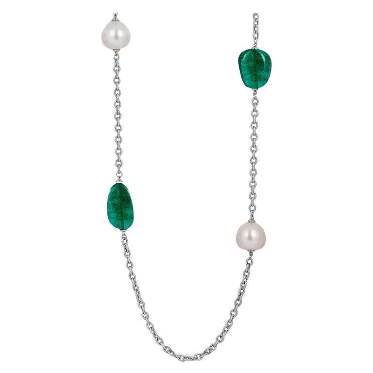 Cabochon Goshwara Emerald Tumble With White South Sea Pearl Drop Necklace For Sale