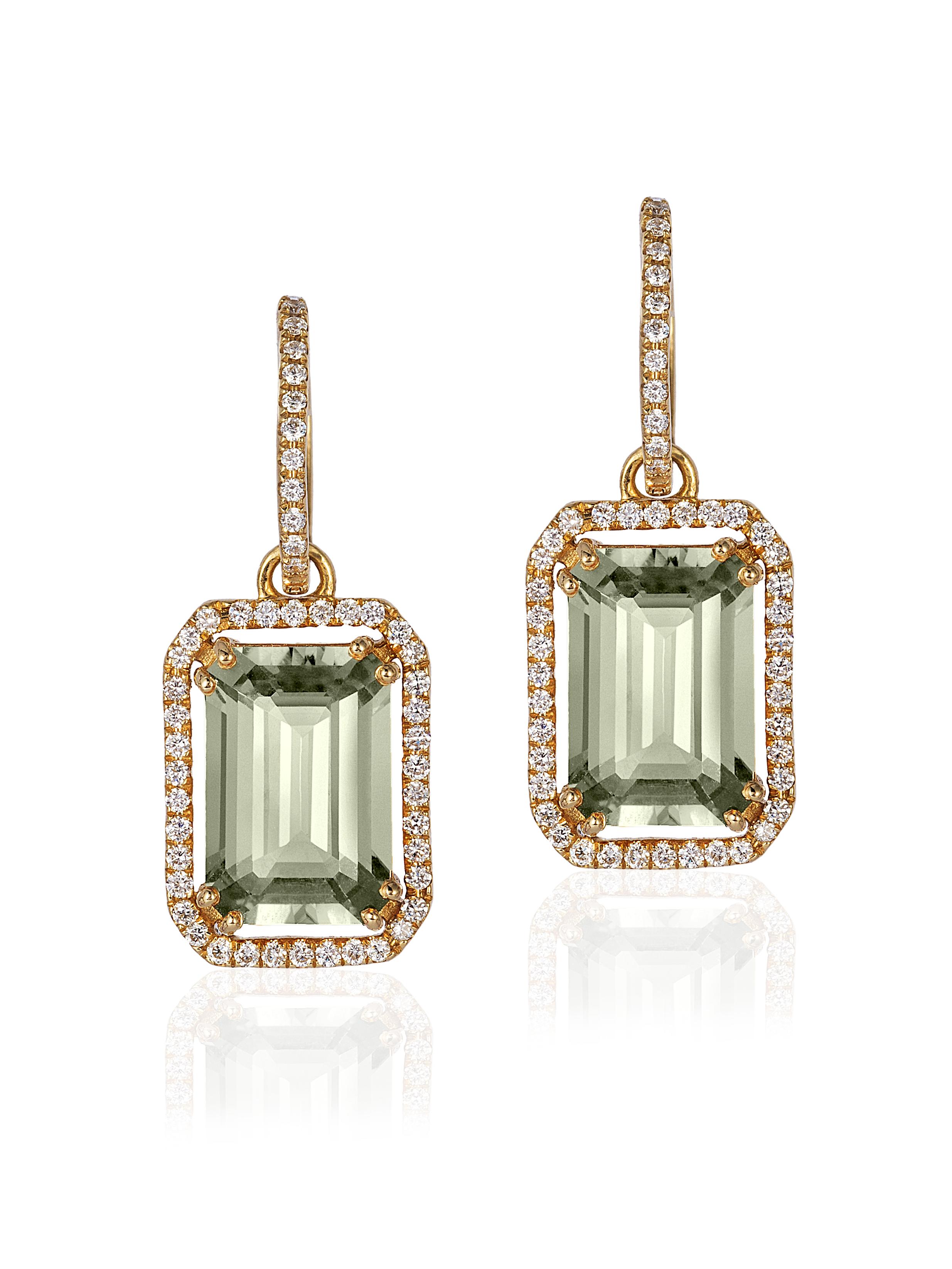 Ohrringe mit Prasiolith-Schliff und Diamantbesatz aus 18 Karat, aus der 'Gossip' Kollektion
Bügel können separat getragen werden 
Steingröße: 12 x 8 mm 
Diamanten: G-H / VS, Ca. Wt:  0.40 Karat