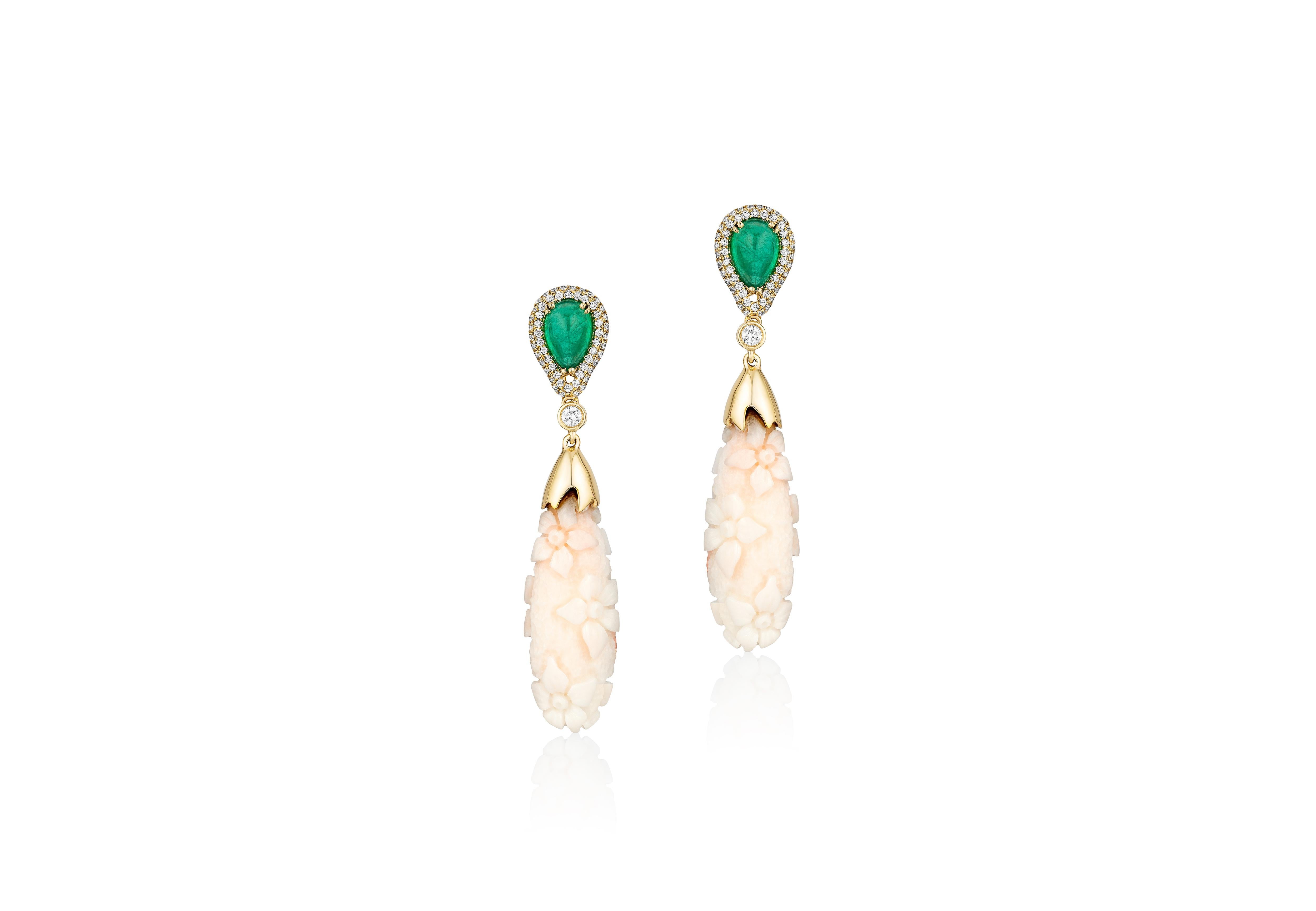 Contemporary Goshwara Engraved White Coral Flower with Emerald and Diamond Earrings For Sale
