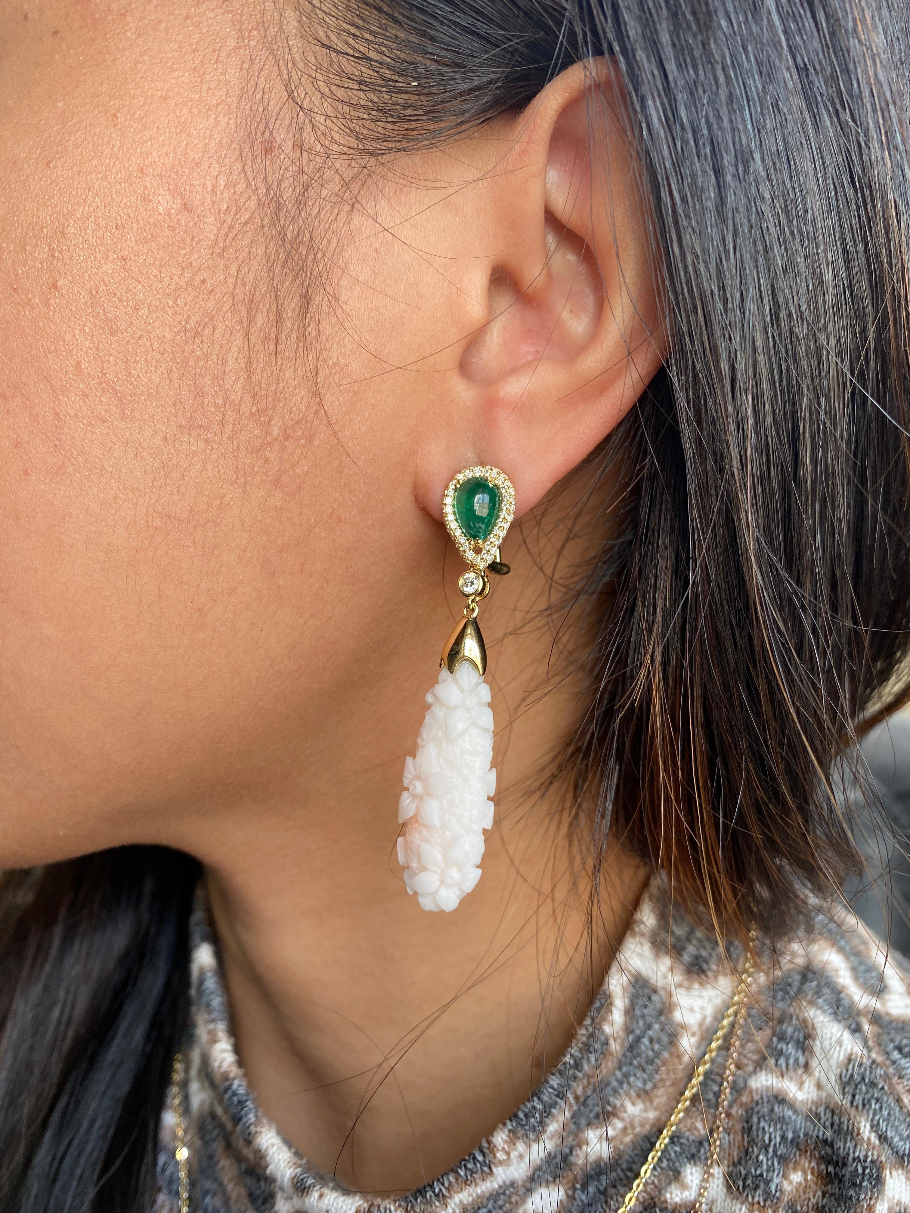 Rough Cut Goshwara Engraved White Coral Flower with Emerald and Diamond Earrings For Sale