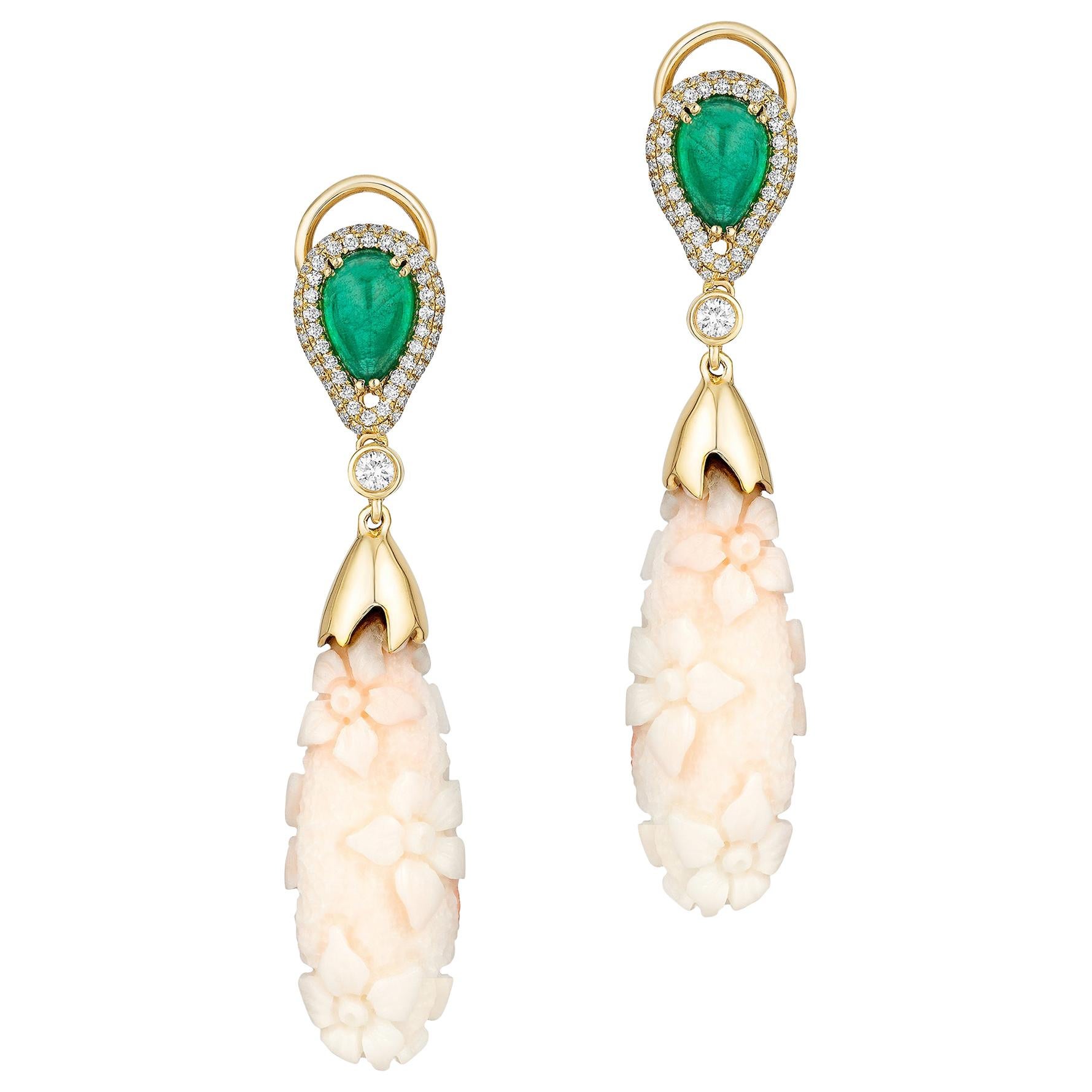 Goshwara Engraved White Coral Flower with Emerald and Diamond Earrings For Sale