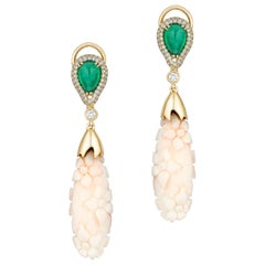 Goshwara Engraved White Coral Flower with Emerald and Diamond Earrings