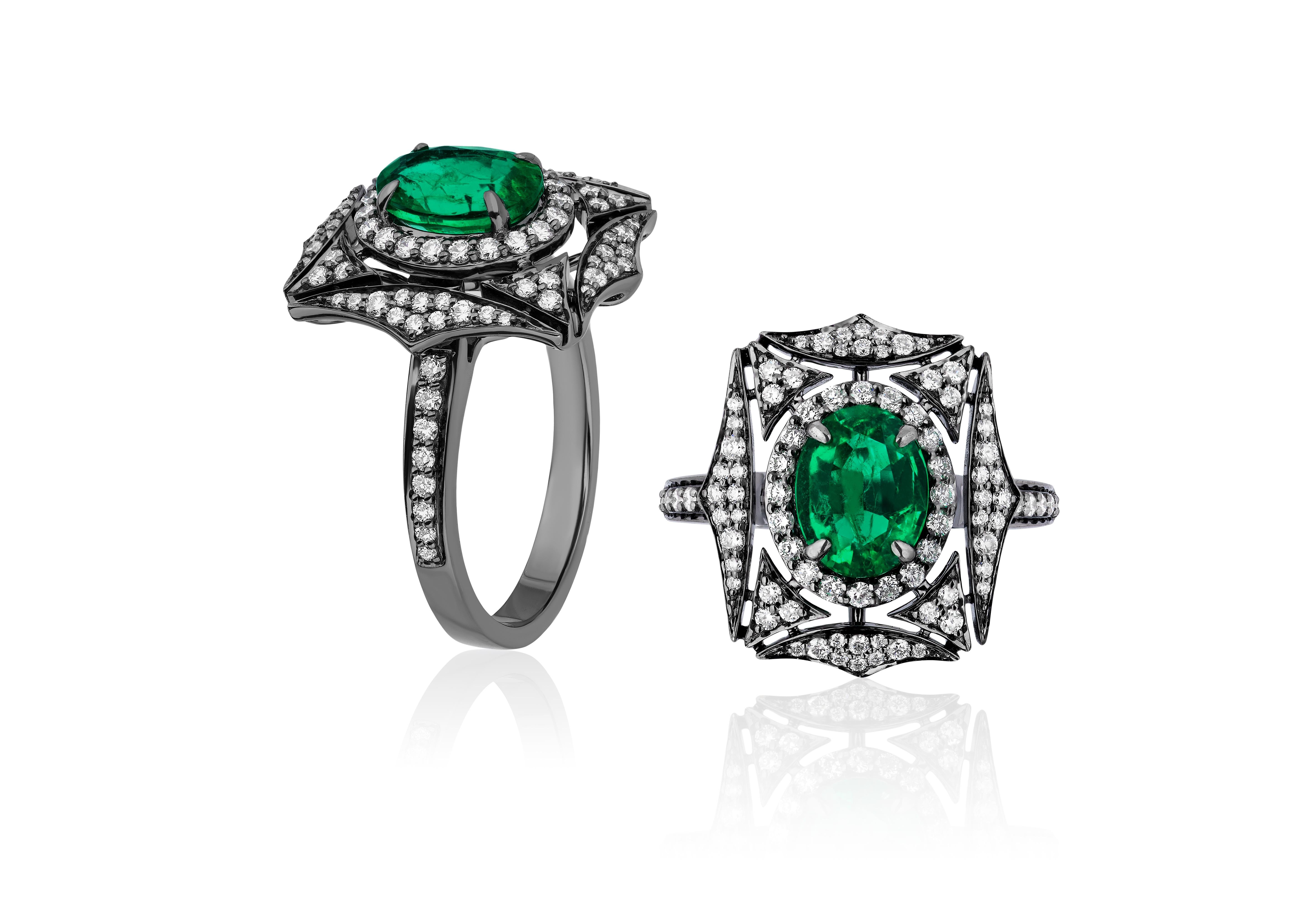 This beautiful Faceted Emerald and Diamond Web Ring in 18K White Gold with Black Rhodium, from 'G-One' Collection is an outstanding piece of jewelry to have in your personal collection.

* Stone Size: 11 x 9 mm
* Gemstone: 100% Earth Mined 
*