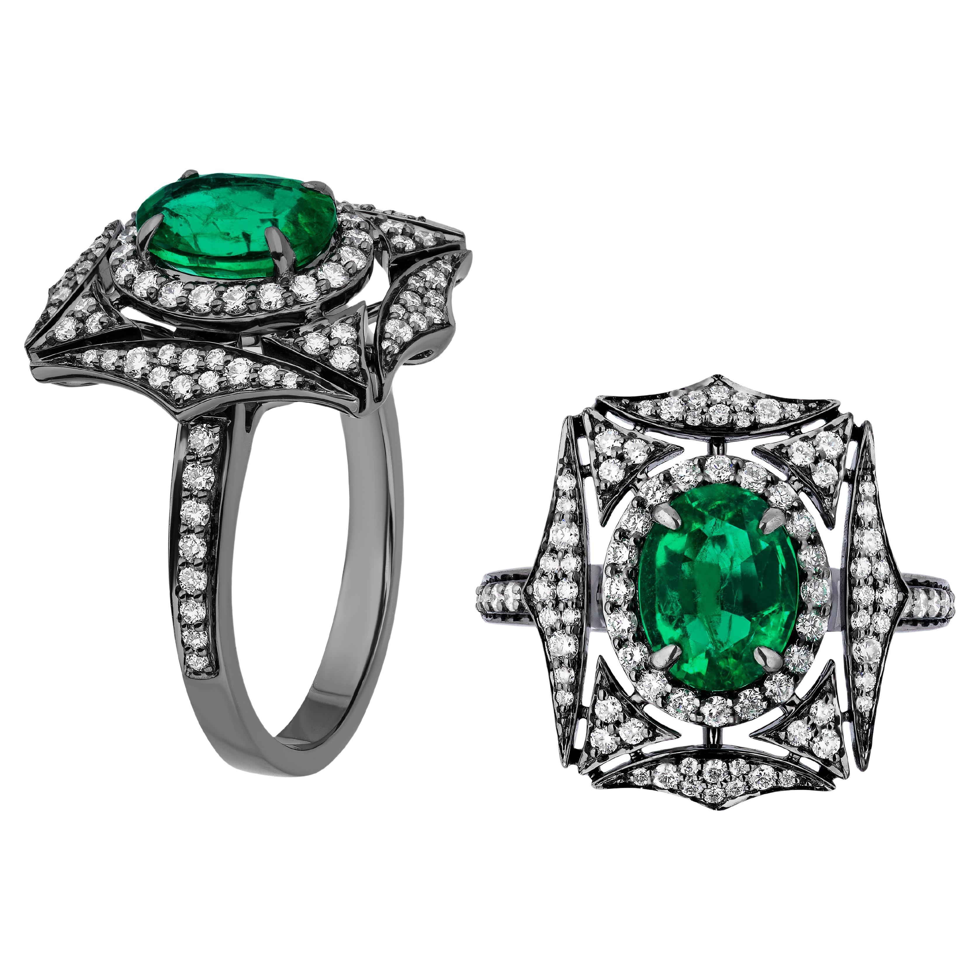 Goshwara Faceted Emerald and Diamond Web Ring.