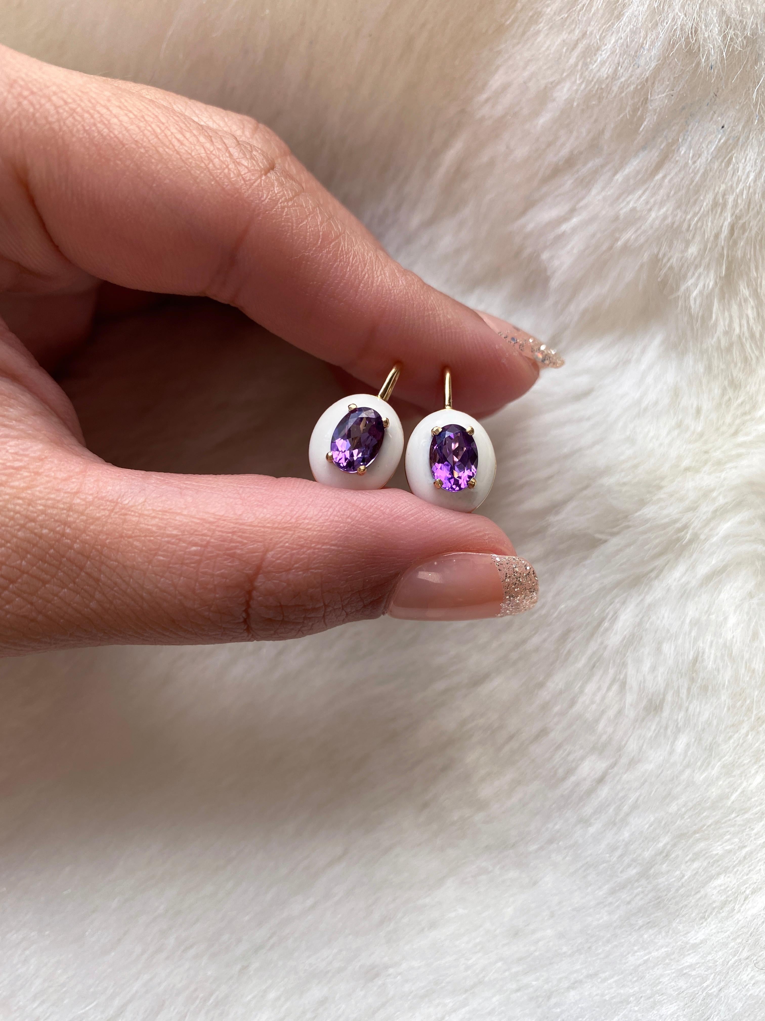 Contemporary Goshwara Oval Amethyst with White Enamel and Lever Back Earrings For Sale