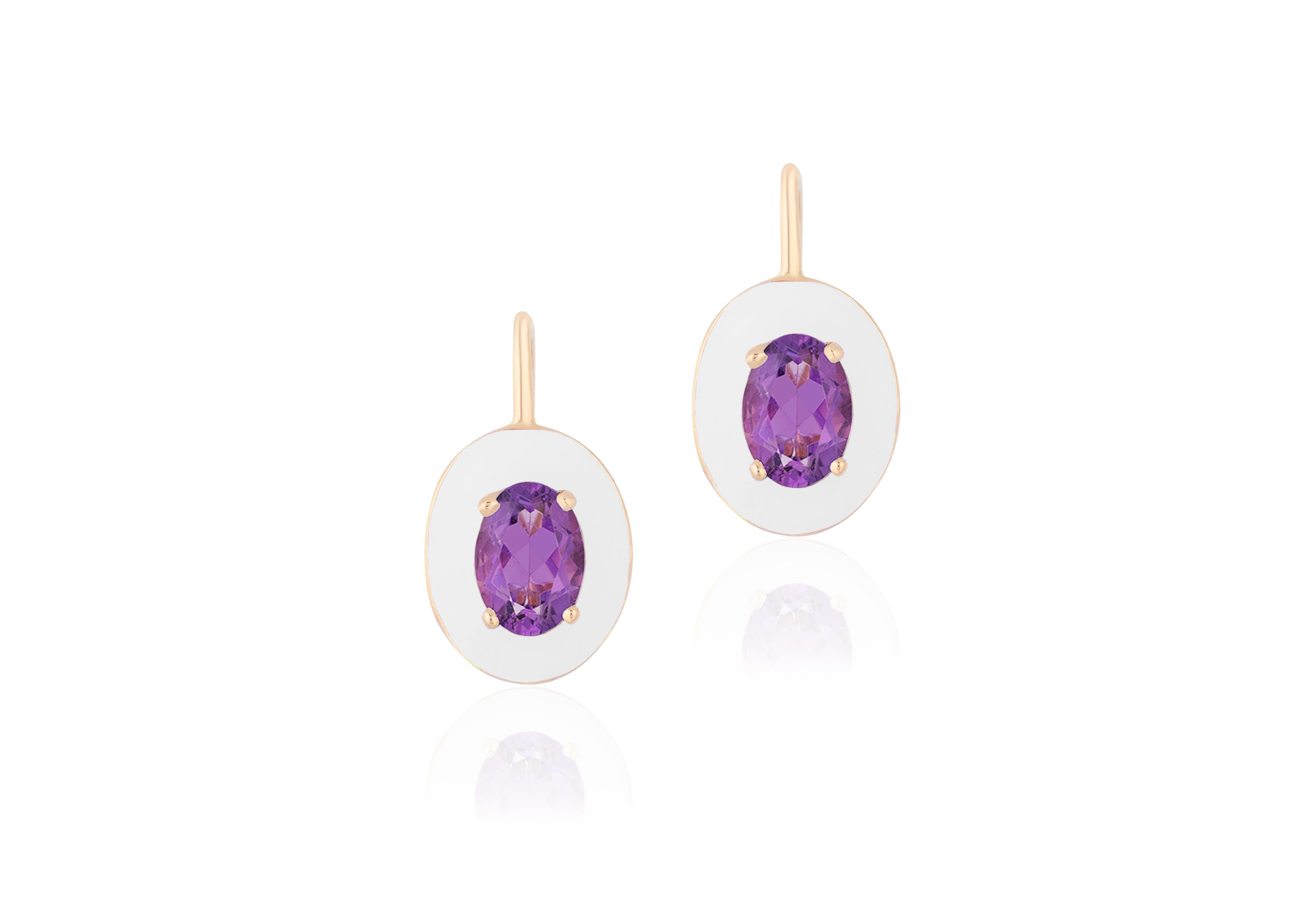 Oval Cut Goshwara Oval Amethyst with White Enamel and Lever Back Earrings For Sale