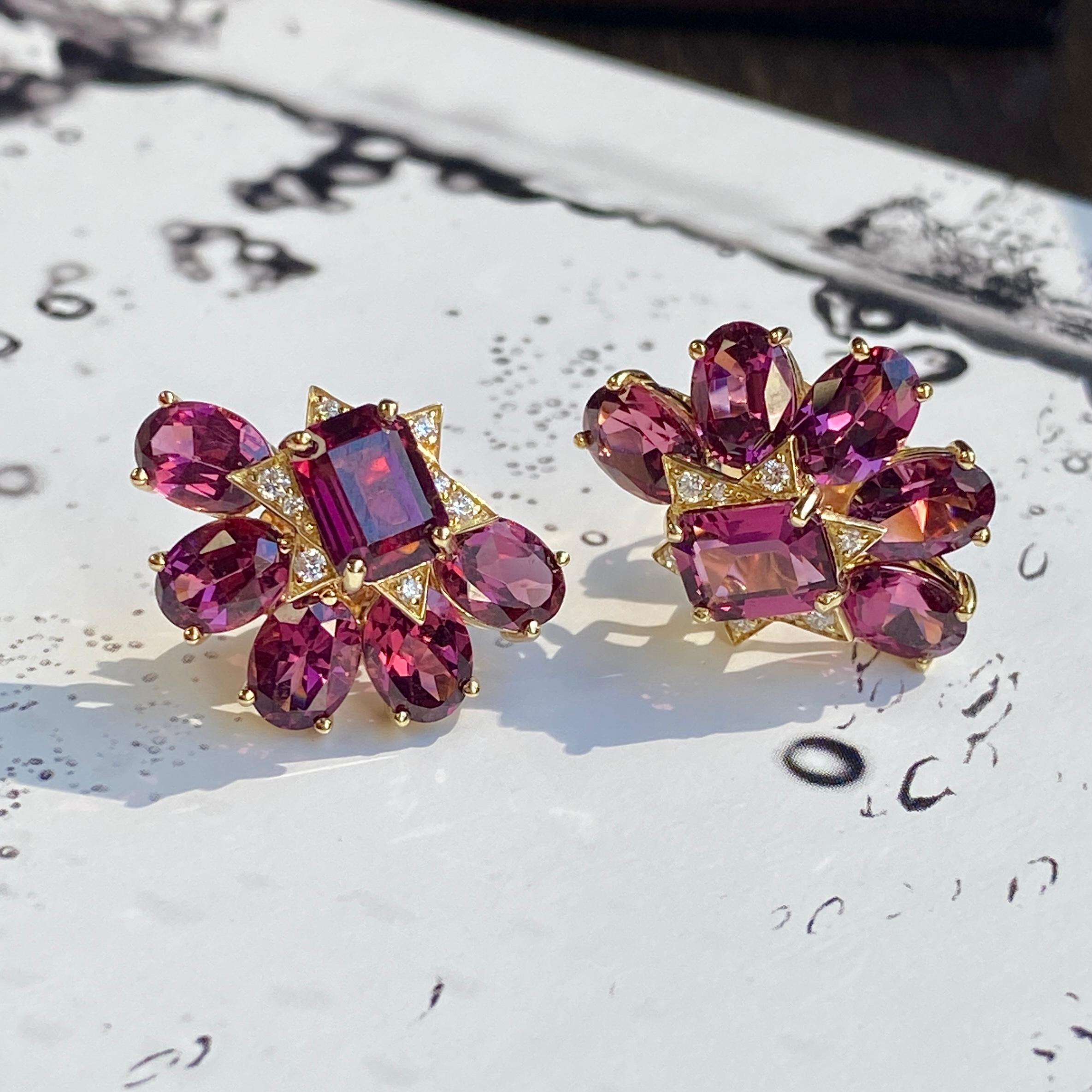 Contemporary Goshwara Faceted Oval and Emerald Cut Garnet Stud with Diamonds Earrings