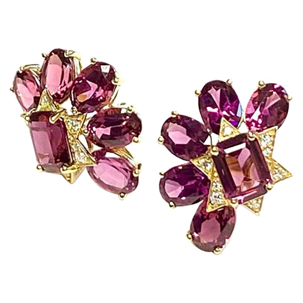 Goshwara Faceted Oval and Emerald Cut Garnet Stud with Diamonds Earrings
