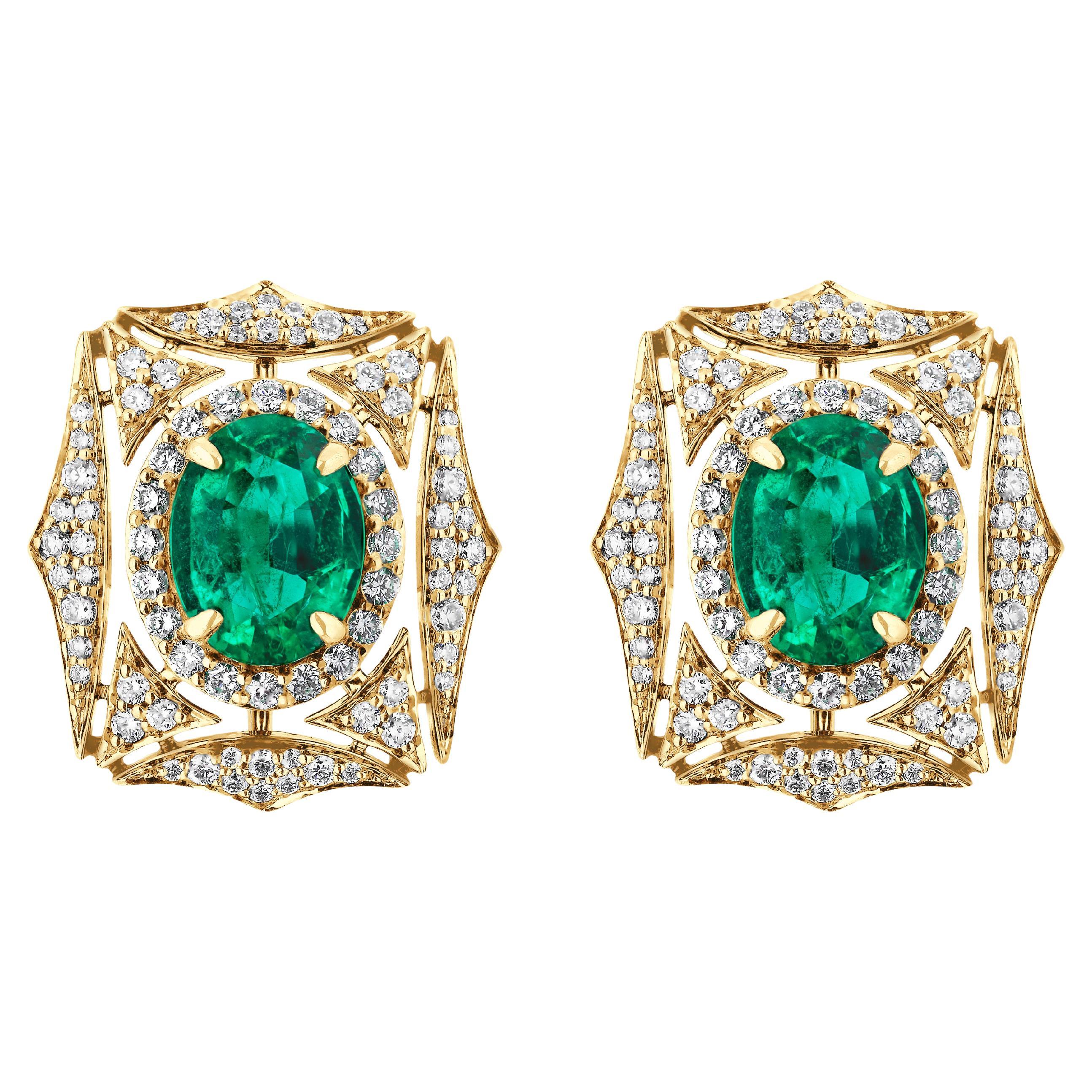 Goshwara Faceted Oval Emerald and Diamond Web Earrings