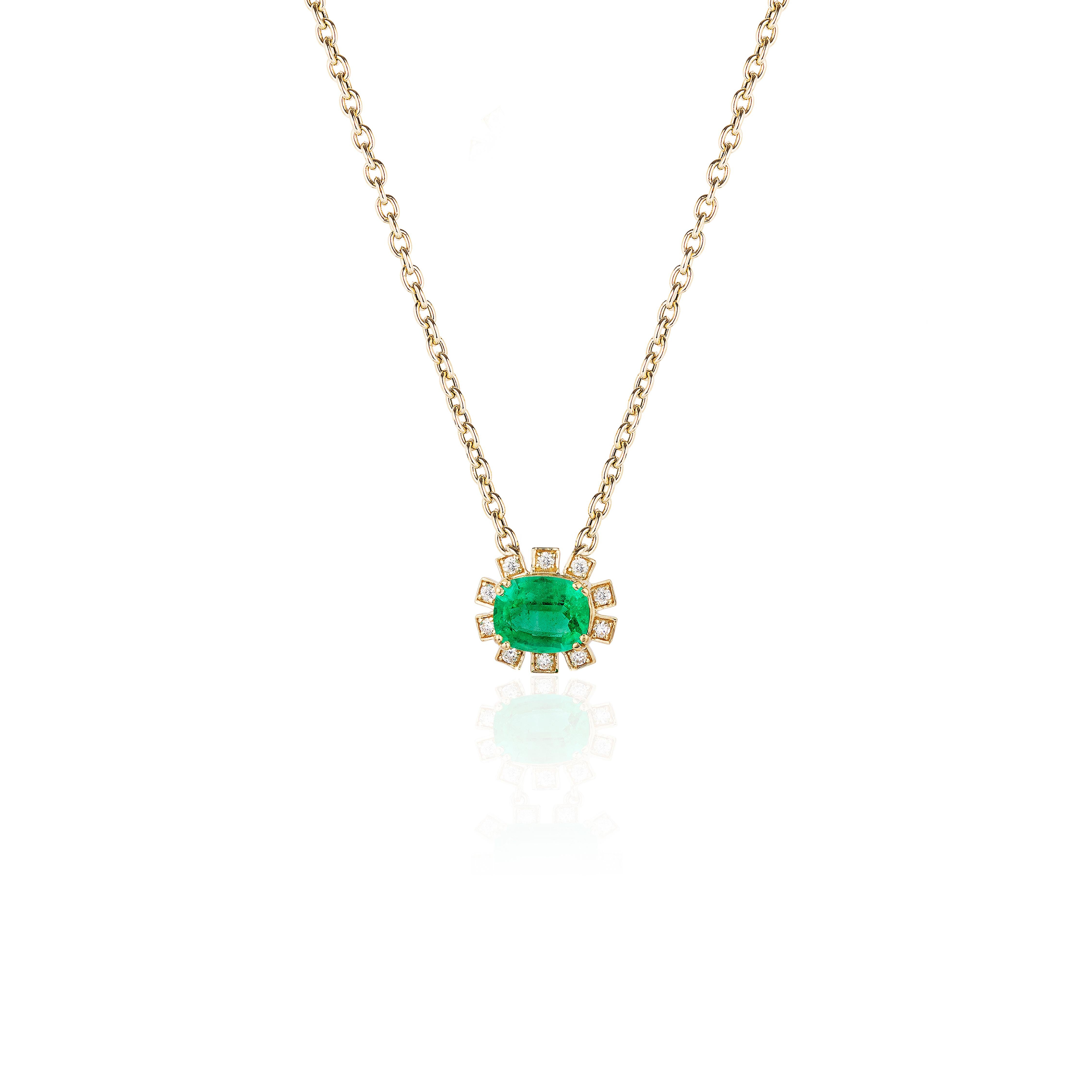 This elegant Faceted Oval Emerald Pendant with Diamonds in 18K Yellow Gold, from 'G-One' Collection, is a unique piece to have in your personal collection. 

* Gemstone: 100% Earth Mined 
* Approx. gemstone Weight: 1.30 Carats (Emerald)

* 100%