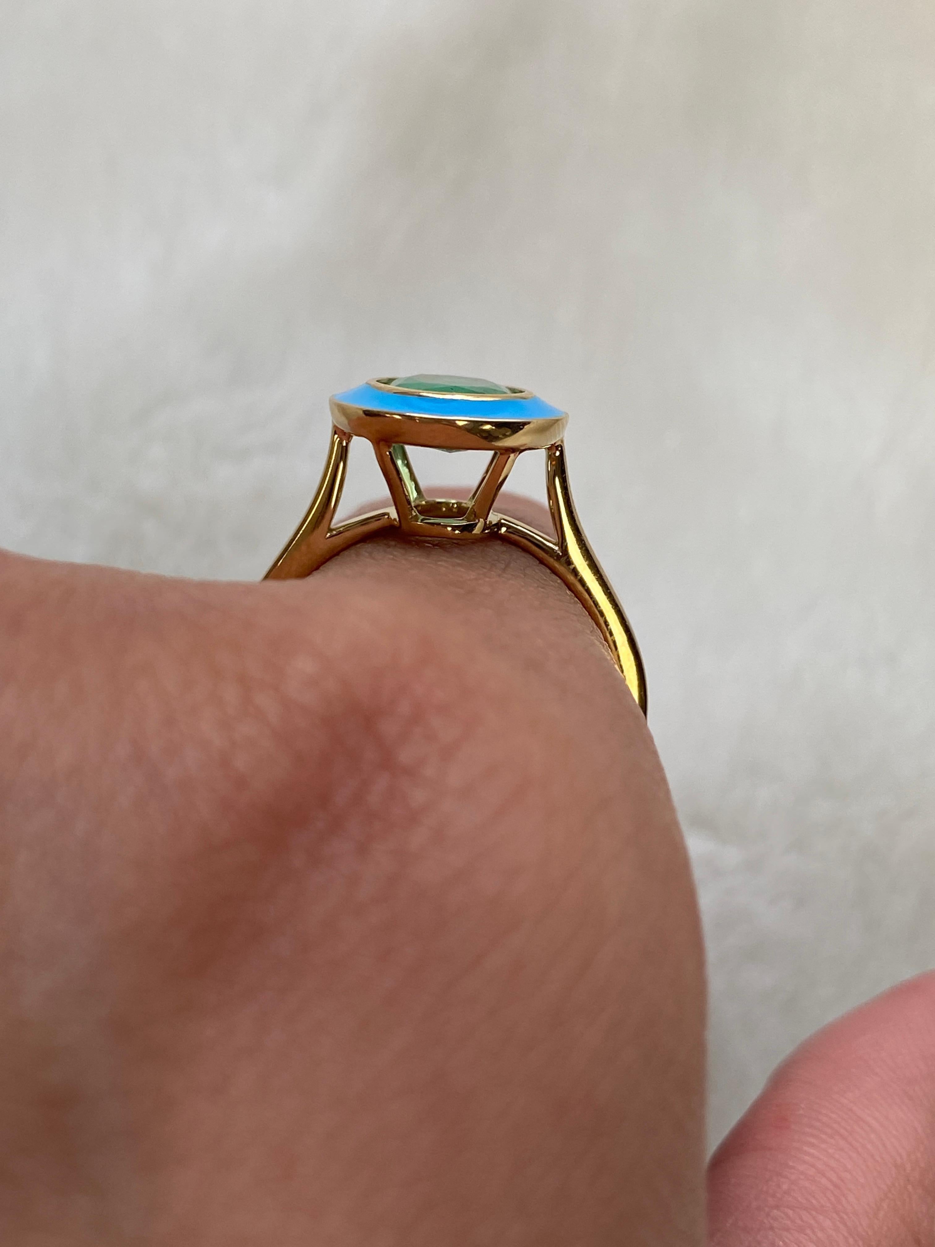 Faceted Oval Emerald Ring with Turquoise Enamel in 18K Yellow Gold, from 'Queen' Collection. The combination of enamel, and Emerald represents power, richness and passion of a true Queen. The feeling of luxury is what we’re aiming for, but at a