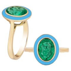 Anello con smeraldo ovale sfaccettato e smalto turchese Goshwara