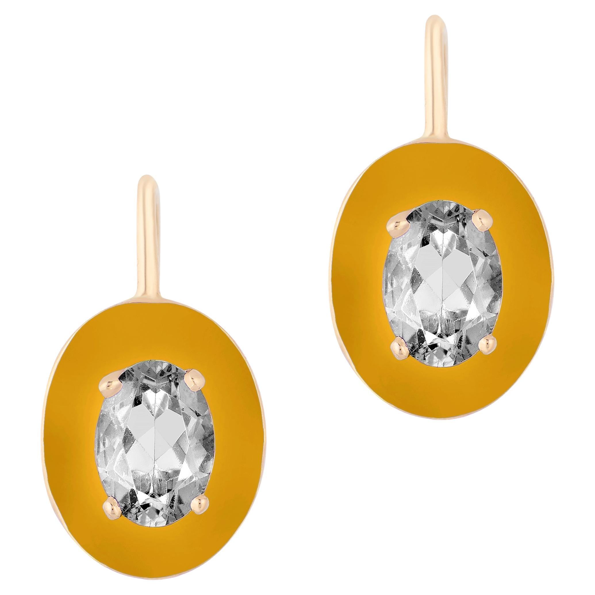 Goshwara Faceted Oval Rock Crystal, with Brown Enamel border Earrings For Sale