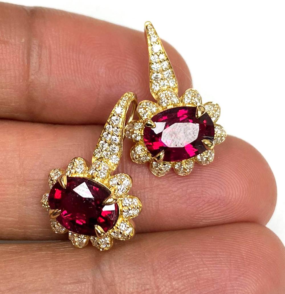 Contemporary Goshwara Faceted Oval Rubellite with Diamonds Earrings For Sale