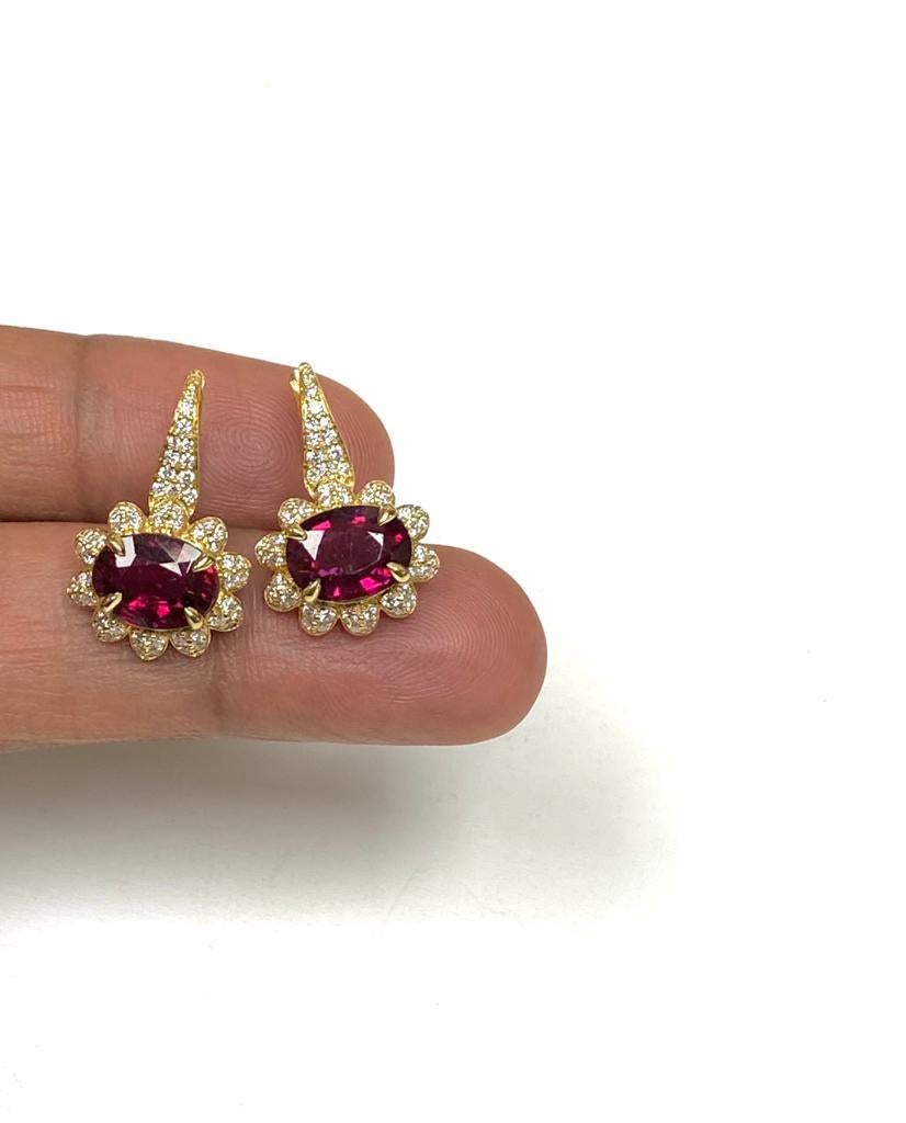 Oval Cut Goshwara Faceted Oval Rubellite with Diamonds Earrings For Sale