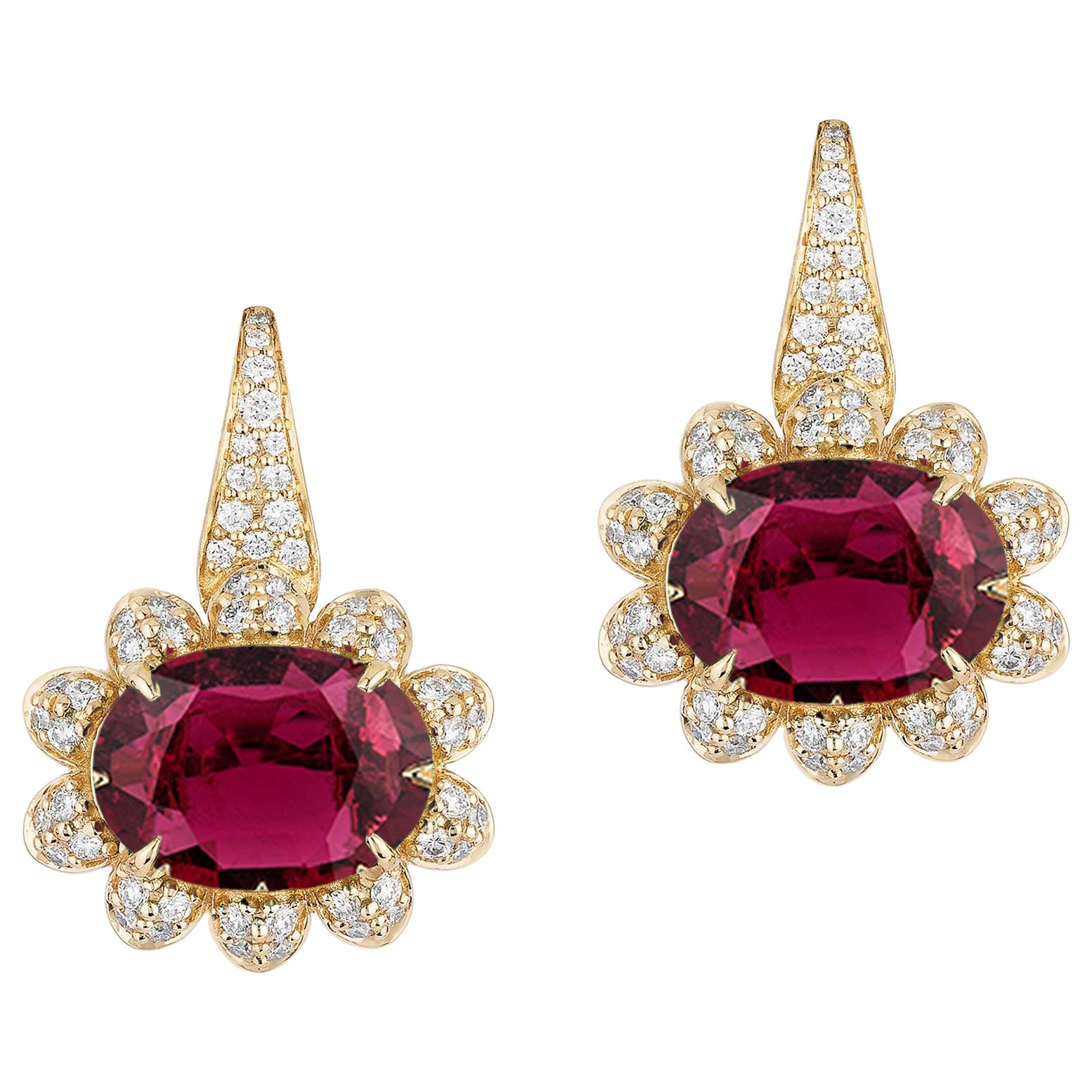Goshwara Faceted Oval Rubellite with Diamonds Earrings For Sale