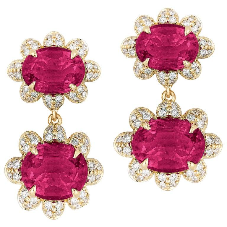 Oval Cut Goshwara Faceted Oval Twin Rubelite with Diamonds Earrings For Sale