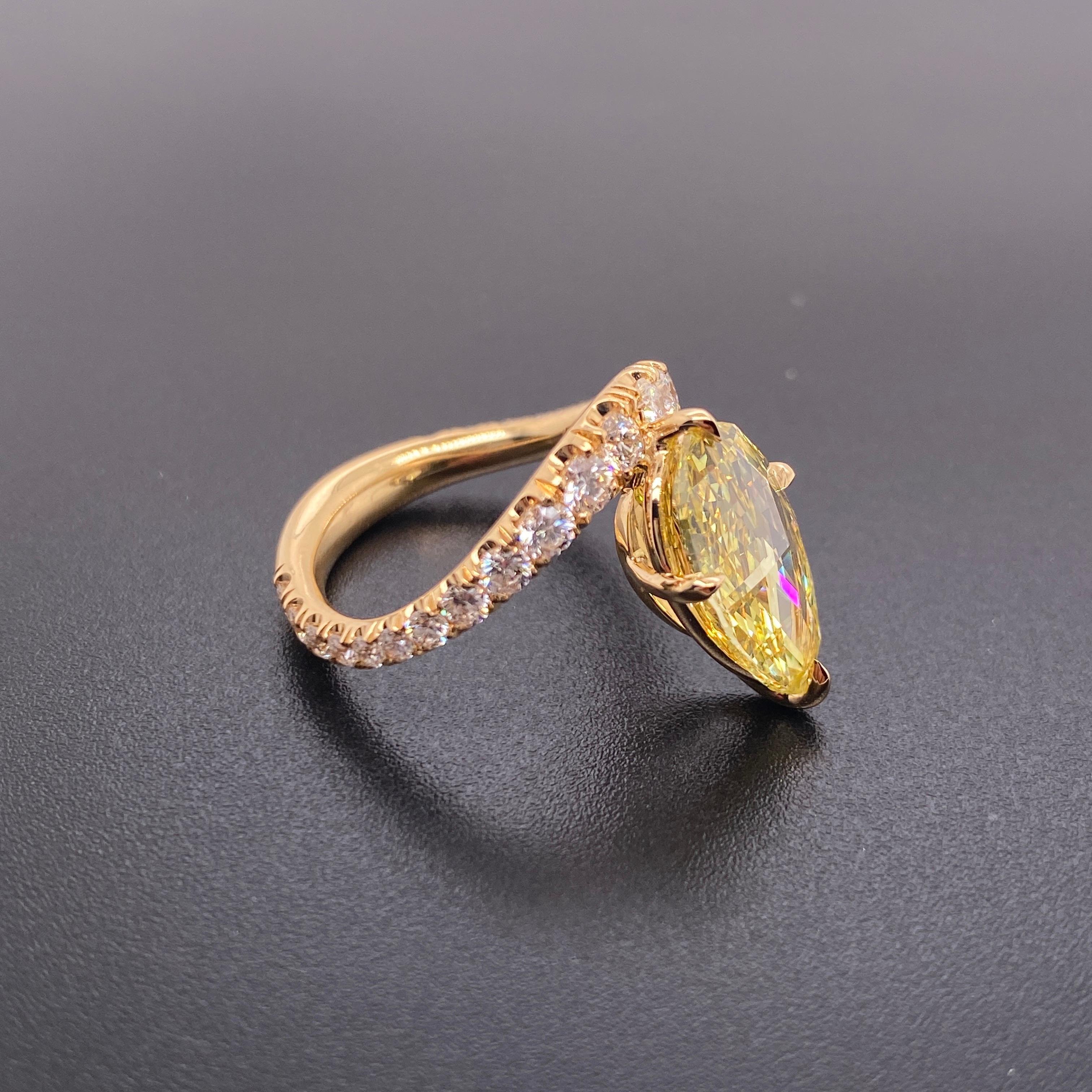 Contemporary Goshwara Fancy Intense Yellow Diamond Briolette Cut Ring