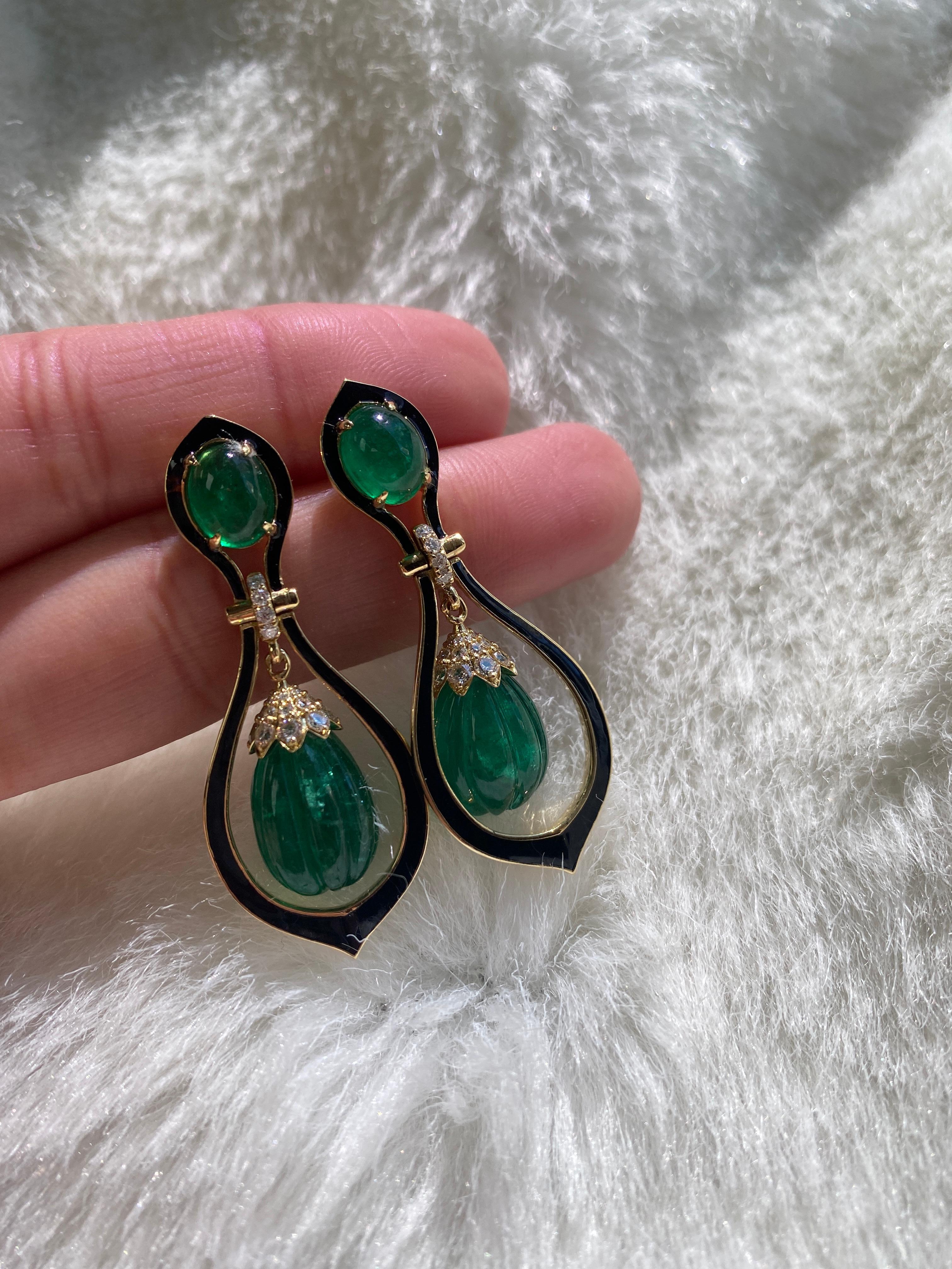 Contemporary Goshwara Fluted Emerald Drops and Diamond Earrings For Sale