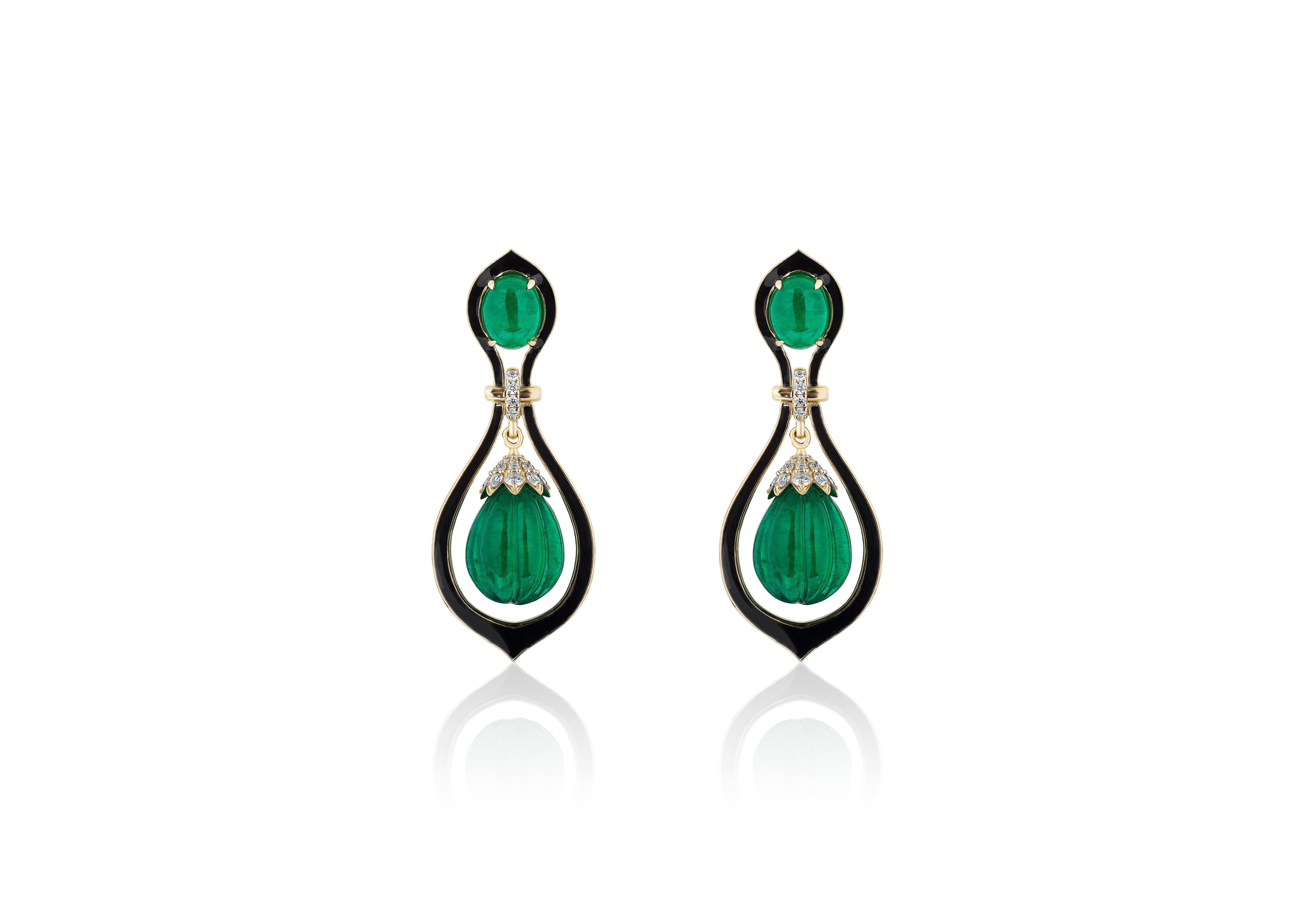 Women's Goshwara Fluted Emerald Drops and Diamond Earrings For Sale
