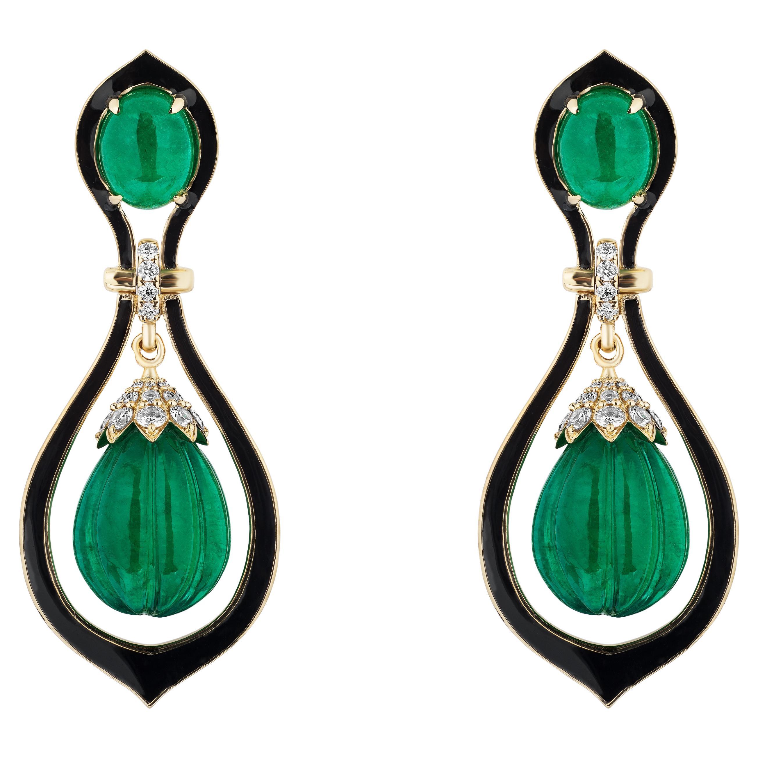 Goshwara Fluted Emerald Drops and Diamond Earrings For Sale