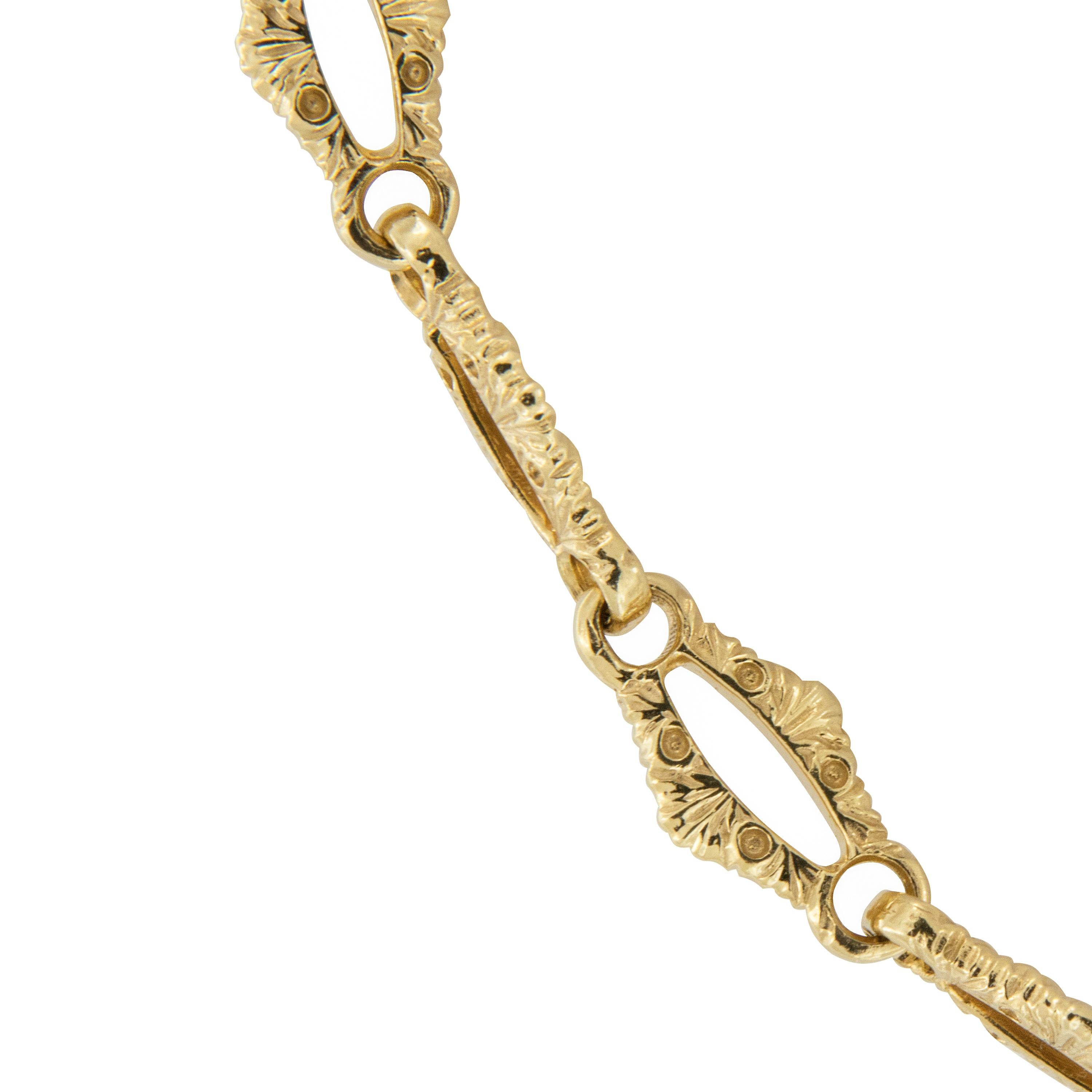 Goshwara, a term for perfect shape, is a company known for exceptional color gems and this gorgeous fancy link necklace has the absolutely perfect shape! Warm 18 karat yellow gold handmade & assembled marquise shaped links have an exquisite pattern