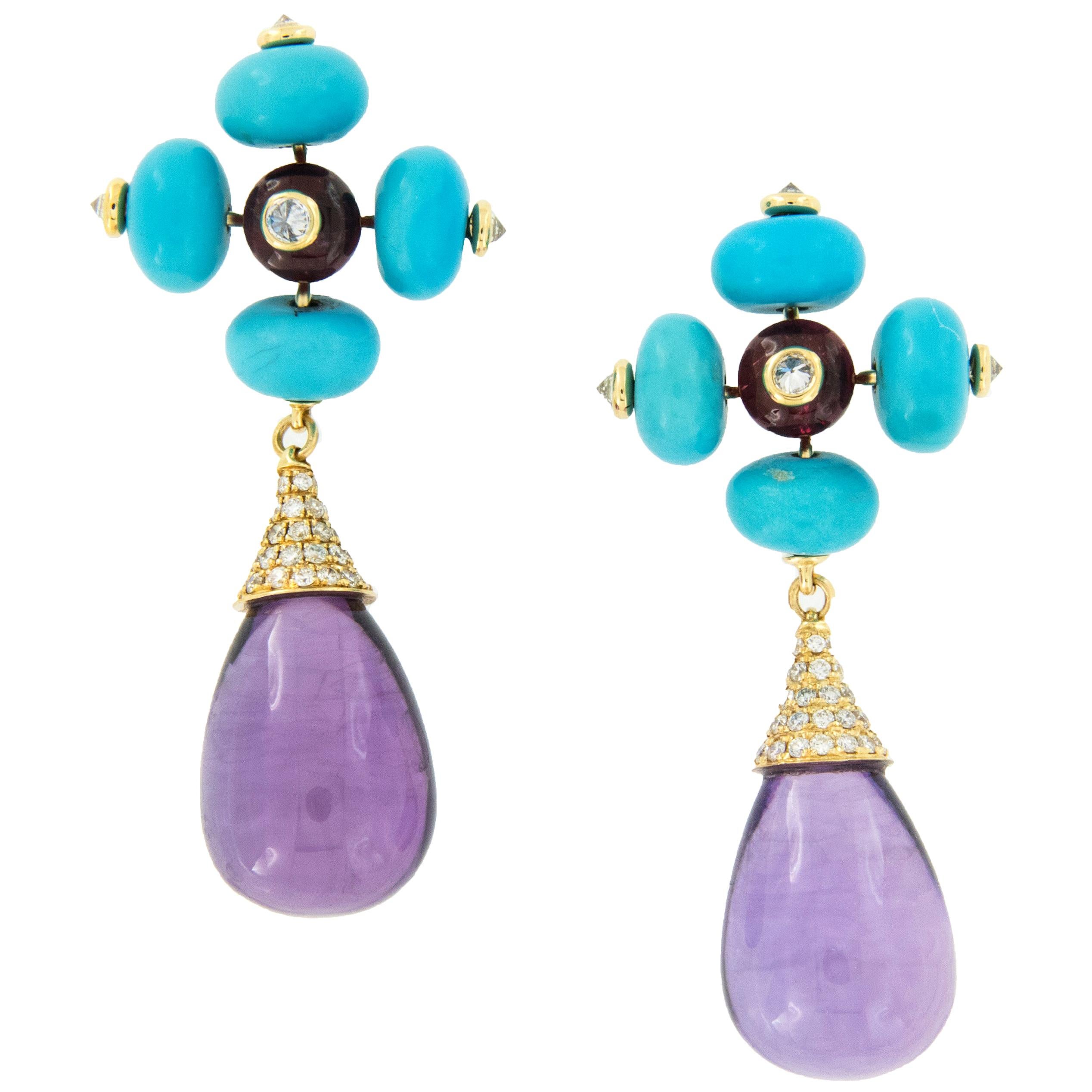 Goshwara G-One 18 Karat Gold Amethyst Turquoise Rubelite and Diamond Earrings