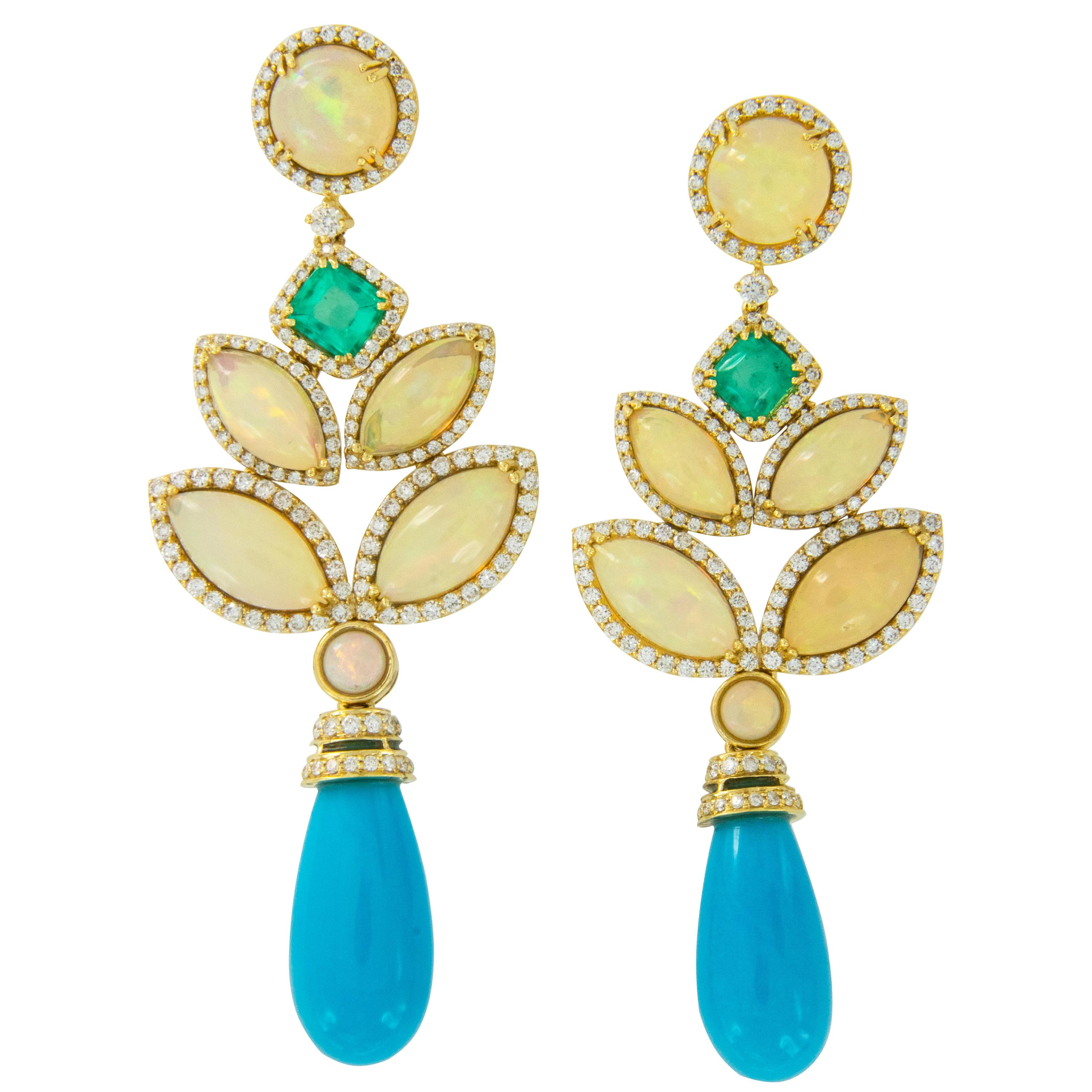 Goshwara G-One 18 Karat Gold Turquoise Opal Emerald and Diamond Drop Earrings