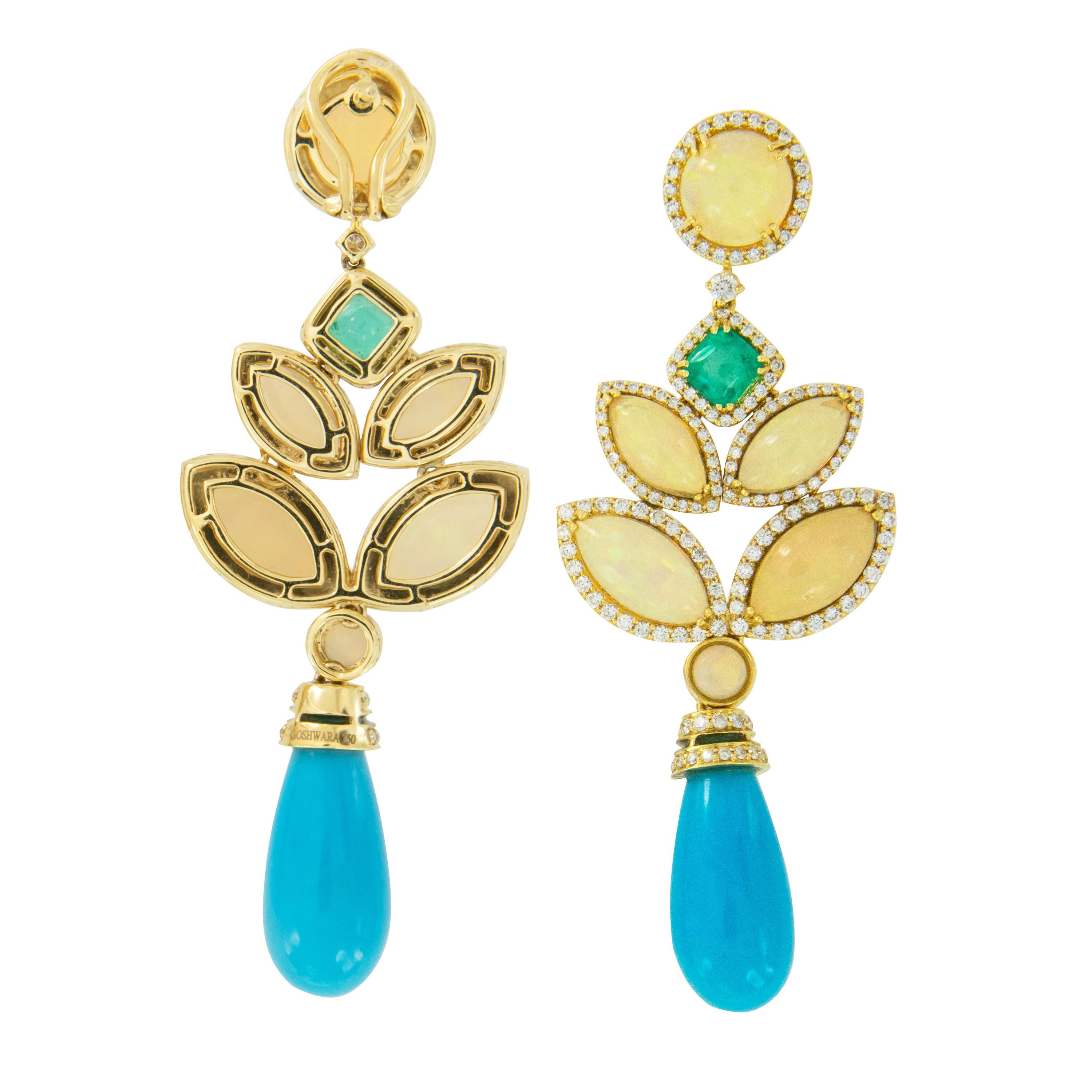 From Goshwara's G- One collection - made up of exclusive pieces composed of the rarest of gemstones and Goshwara's exceptional craftsmanship! These elegantly tiered drop earrings are stunning with cabochon cut fine opals & emeralds all perfectly