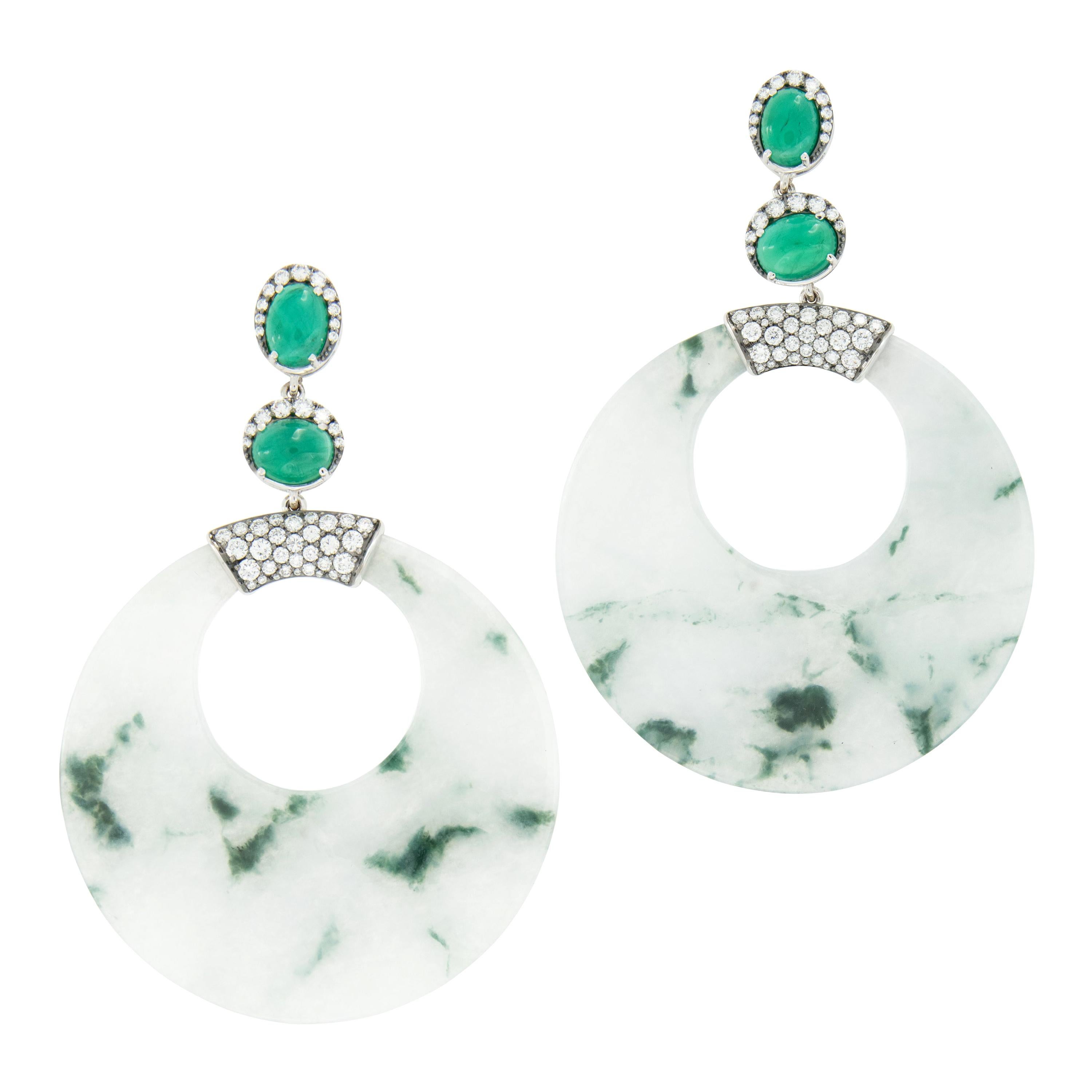 Goshwara G-One 18 Karat White Gold Jade Emerald and Diamond Drop Earrings
