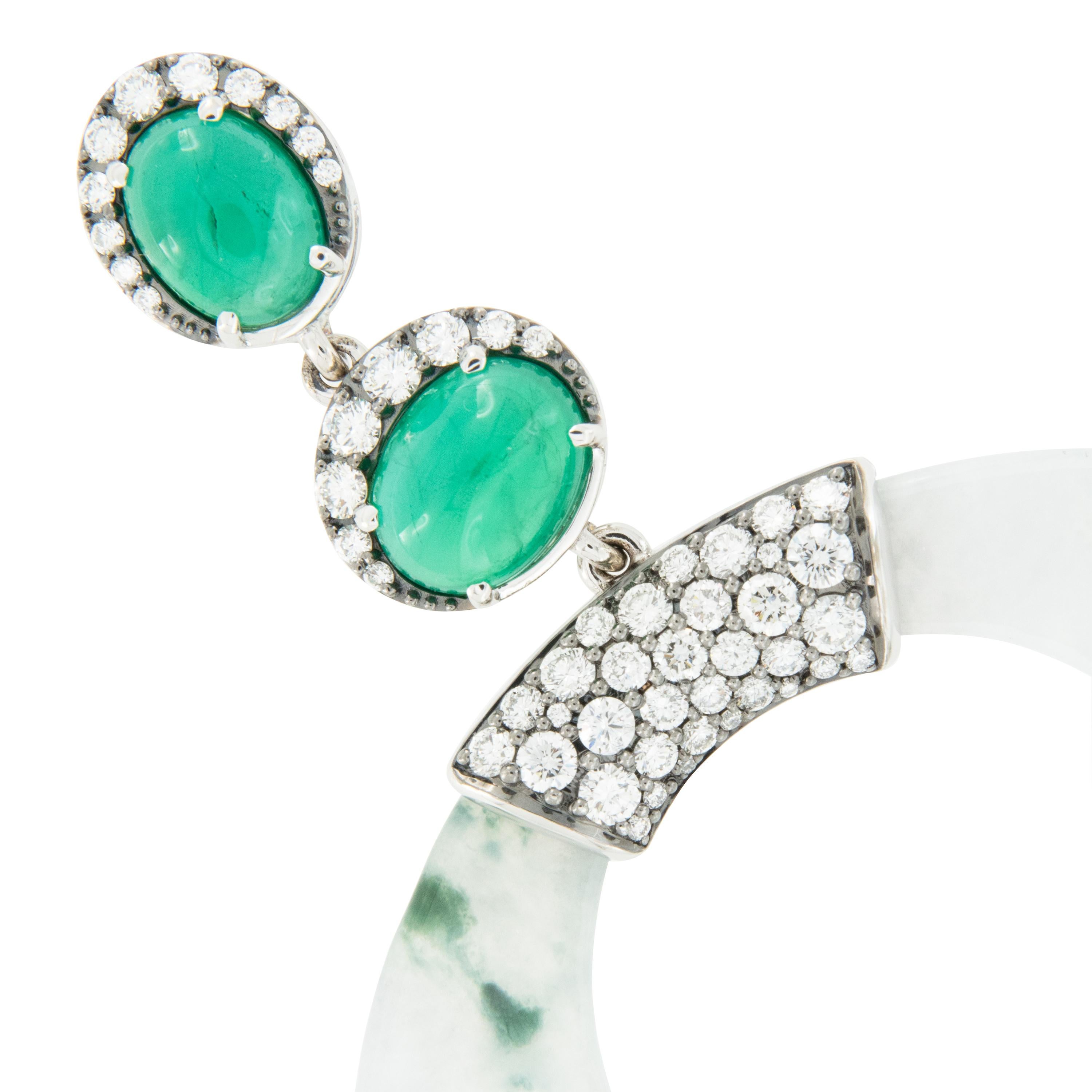 Cabochon Goshwara G-One 18 Karat White Gold Jade Emerald and Diamond Drop Earrings