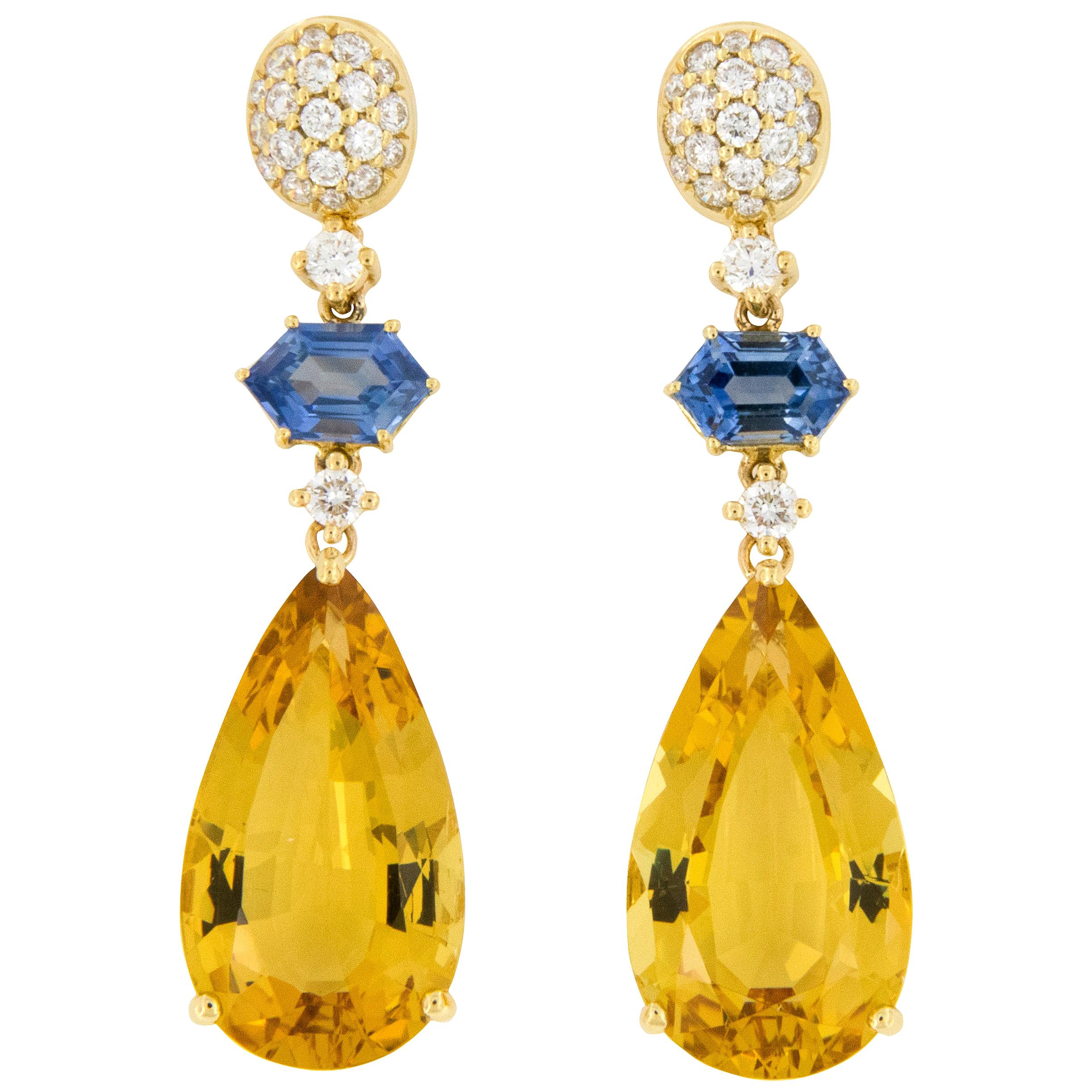 Goshwara G-One 18 Karat Yellow Gold Beryl Sapphire Diamond Dangle Earrings