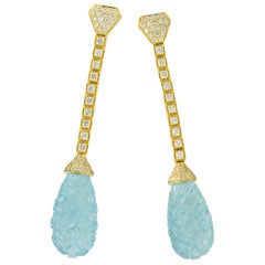 Goshwara G-One 18 Karat Yellow Gold Carved Aquamarine Diamond Dangle Earrings