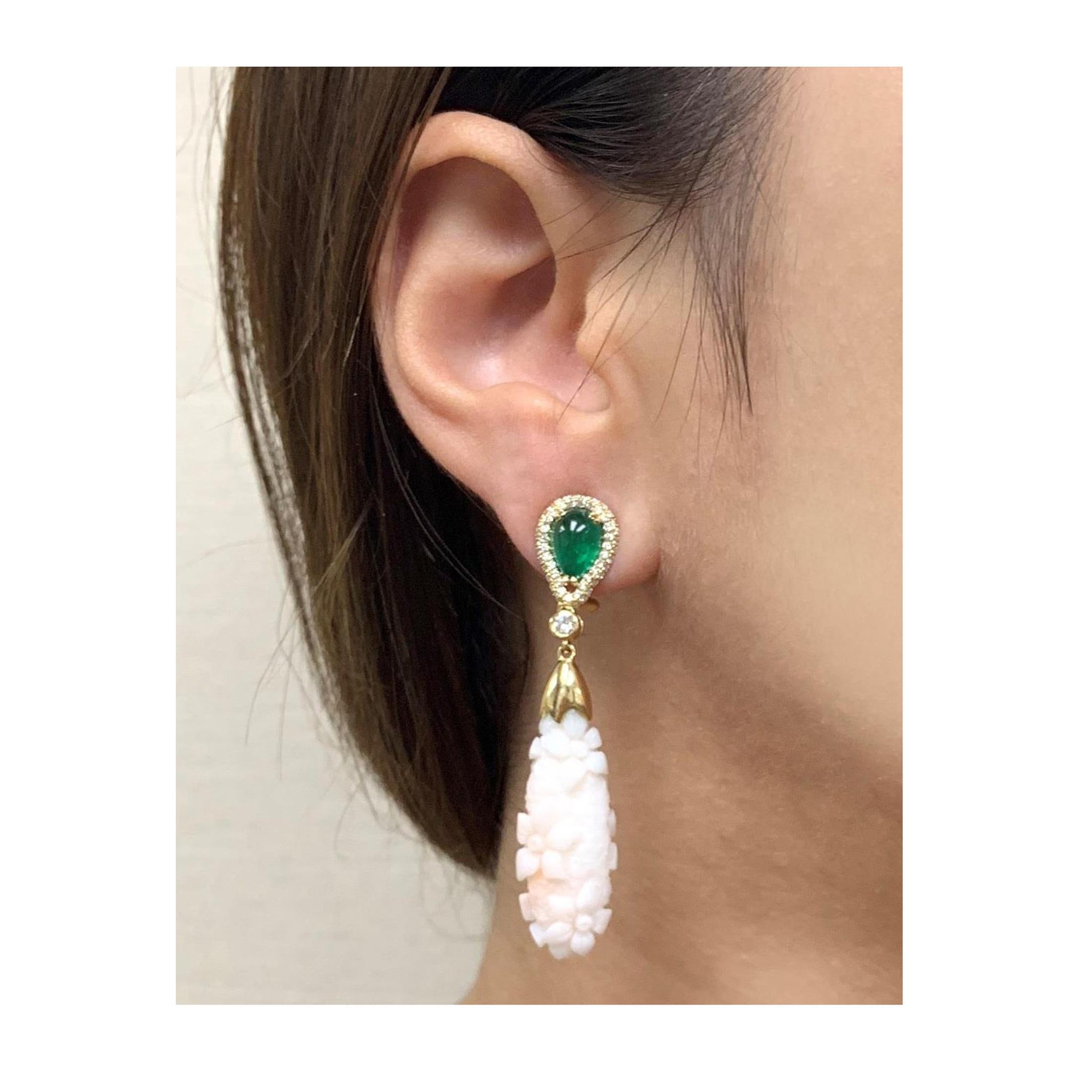 Goshwara, a term for perfect shape, is a company known for exceptional color gems while their G-One collection is made up of exclusive pieces composed of the rarest of gemstones! The intricate carved pattern in the coral drops are accented by