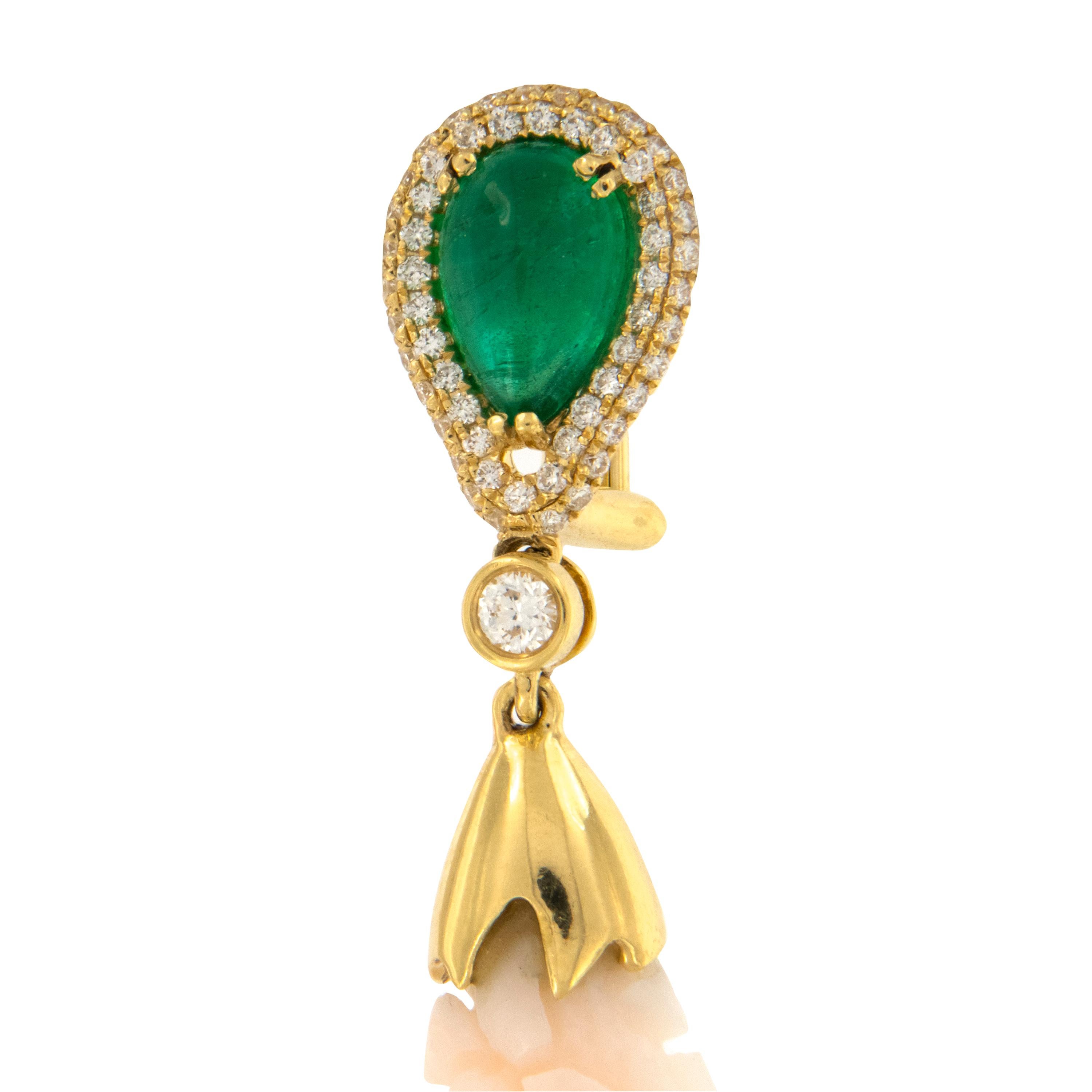 Pear Cut Goshwara G-One 18 Karat Yellow Gold Carved Coral Emerald Diamond Drop Earrings