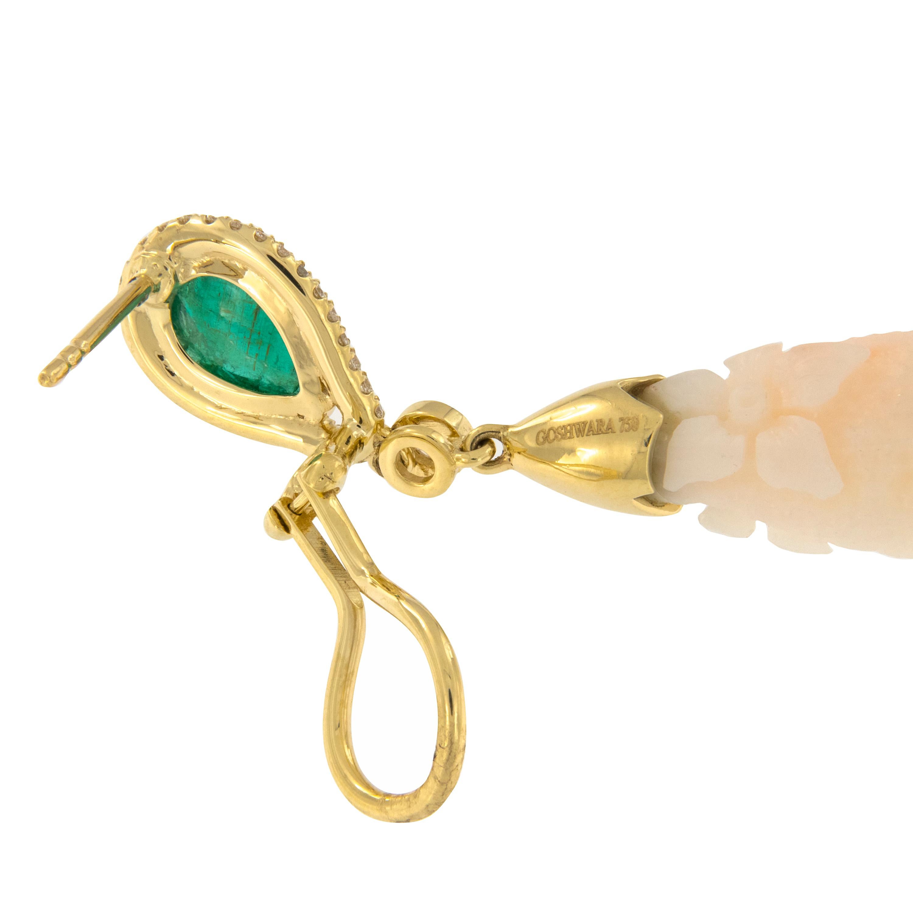 Women's or Men's Goshwara G-One 18 Karat Yellow Gold Carved Coral Emerald Diamond Drop Earrings