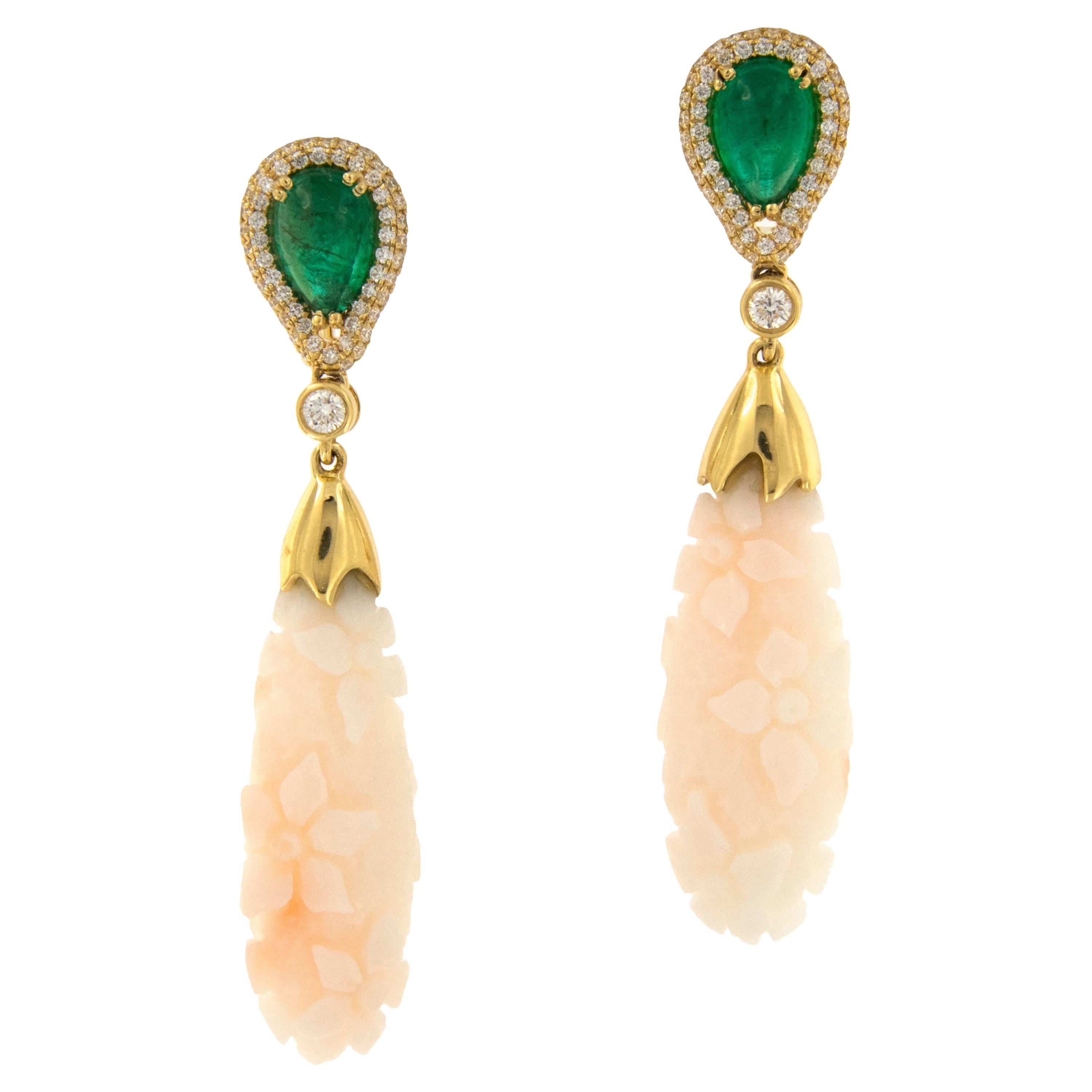 Goshwara G-One 18 Karat Yellow Gold Carved Coral Emerald Diamond Drop Earrings