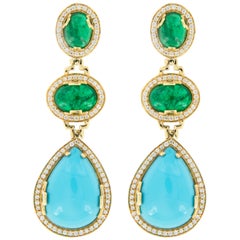 Goshwara G, One 18 Karat Yellow Gold Turquoise Emerald and Diamond Drop Earrings