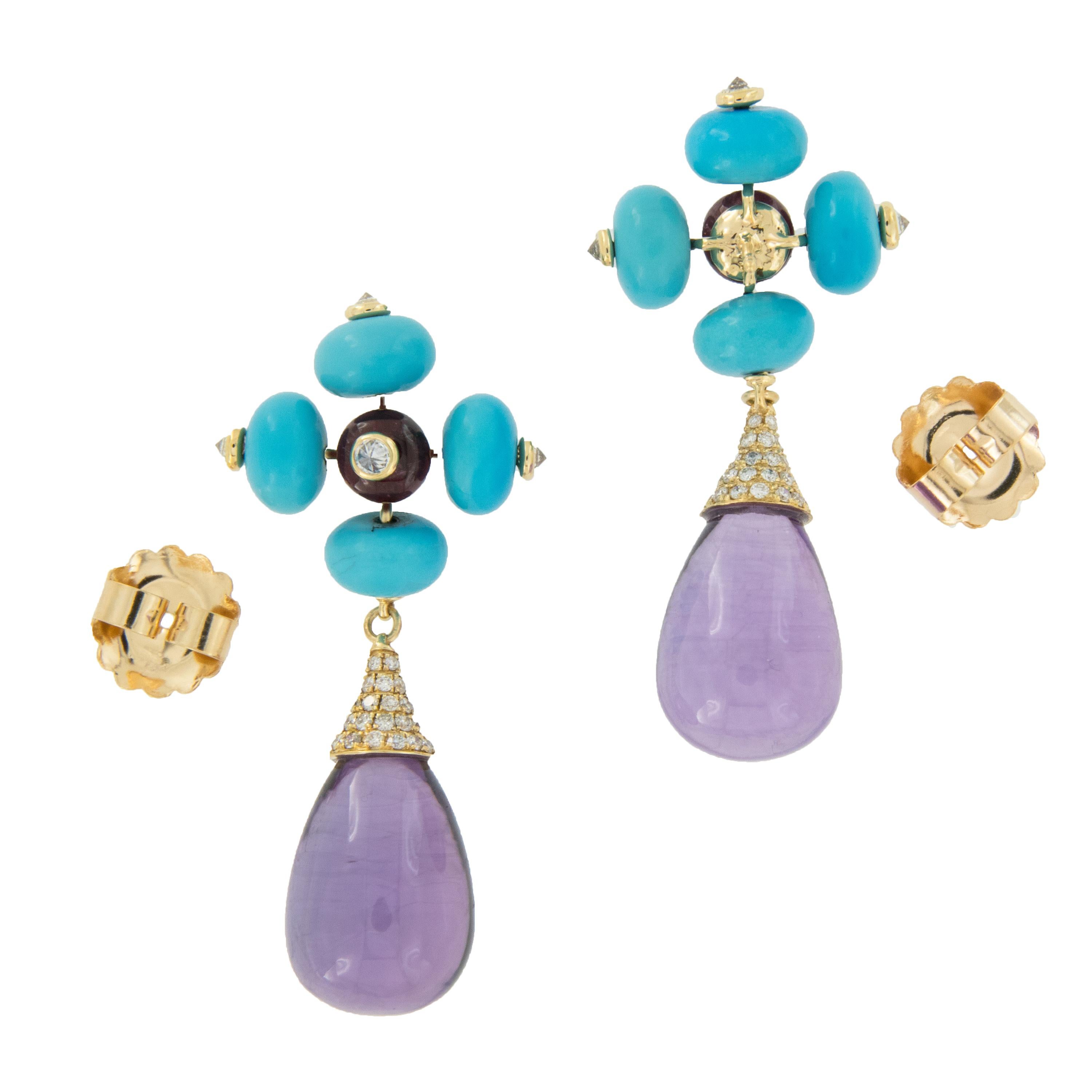 Cabochon Goshwara G-One 18 Karat Gold Amethyst Turquoise Rubelite and Diamond Earrings
