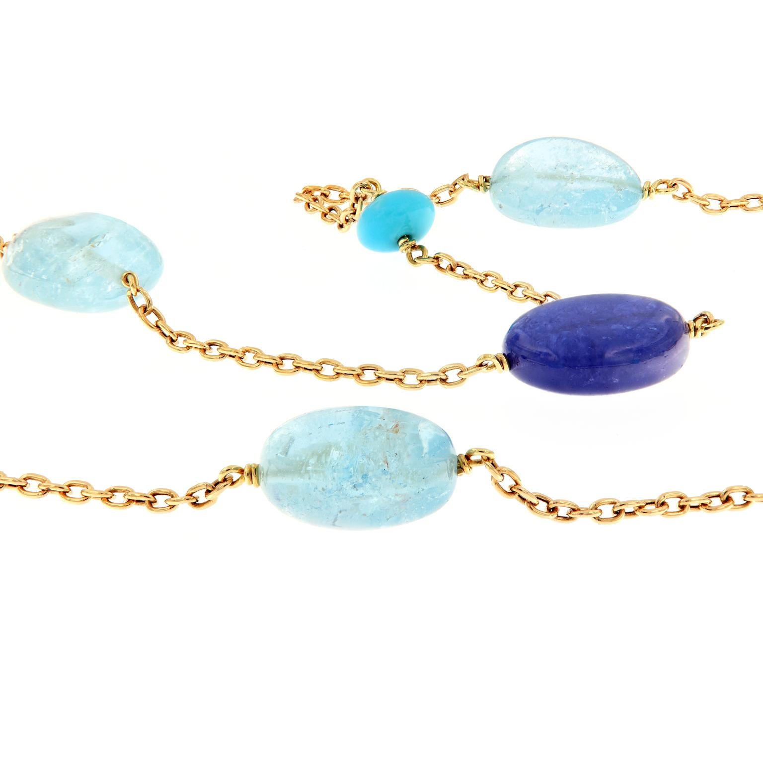 Goshwara “G-One” Tanzanite, Topaz, Turquoise, 18 Karat Gold Chain Necklace In New Condition In Troy, MI