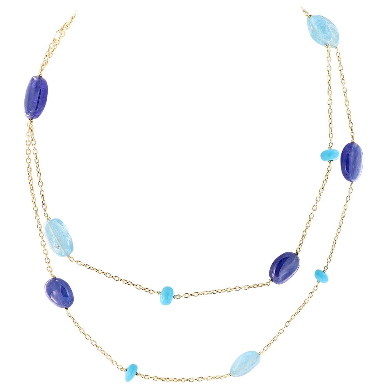 Goshwara “G-One” Tanzanite, Topaz, Turquoise, 18 Karat Gold Chain Necklace