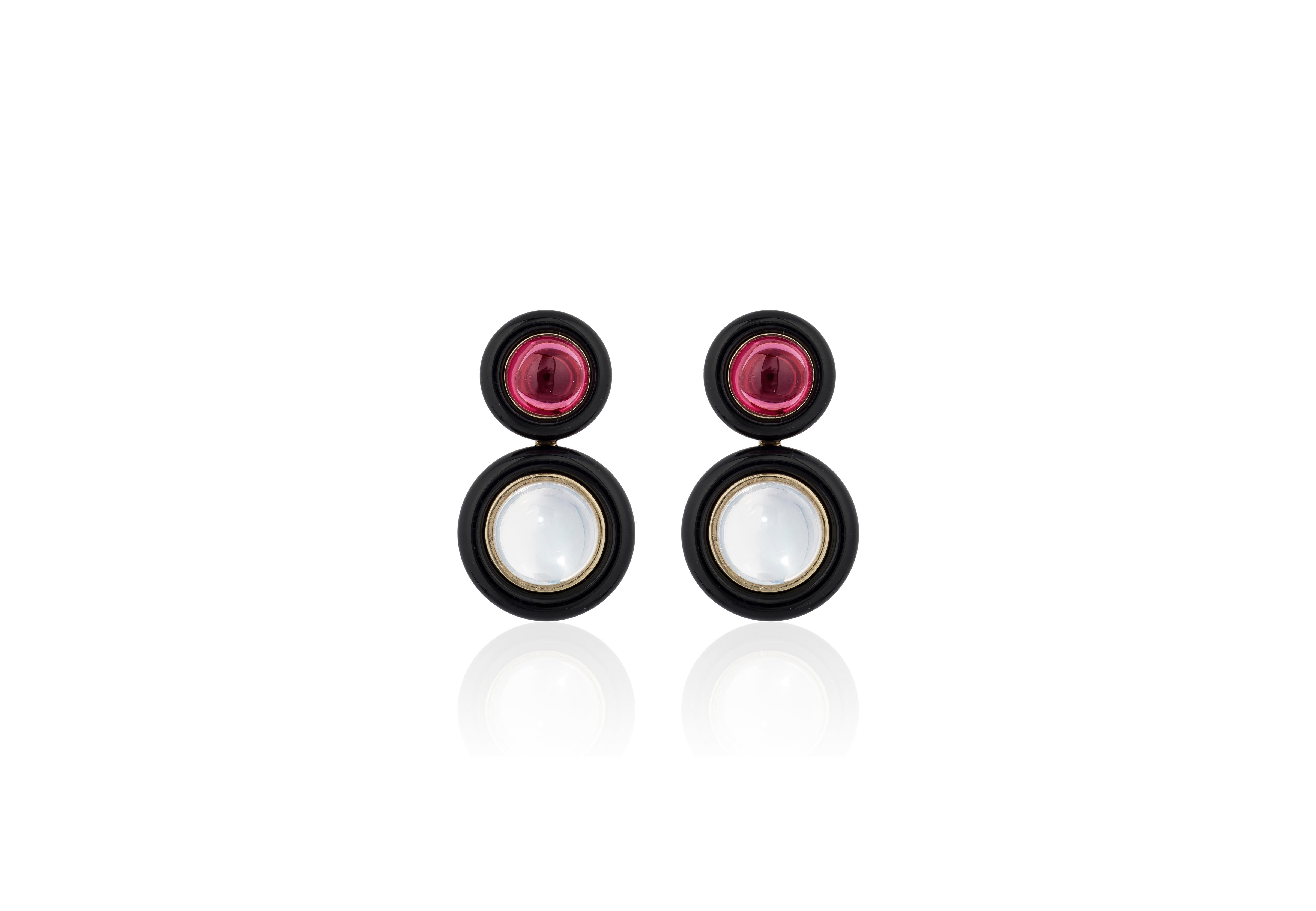 Garnet and Moon Quartz Earrings with Onyx Ring Surround in 18K Yellow Gold, from 'Limited Edition’.
These limited edition items are just that! Limited! 
Feel the exclusiveness in every piece from this collection and Feel the love in these limited