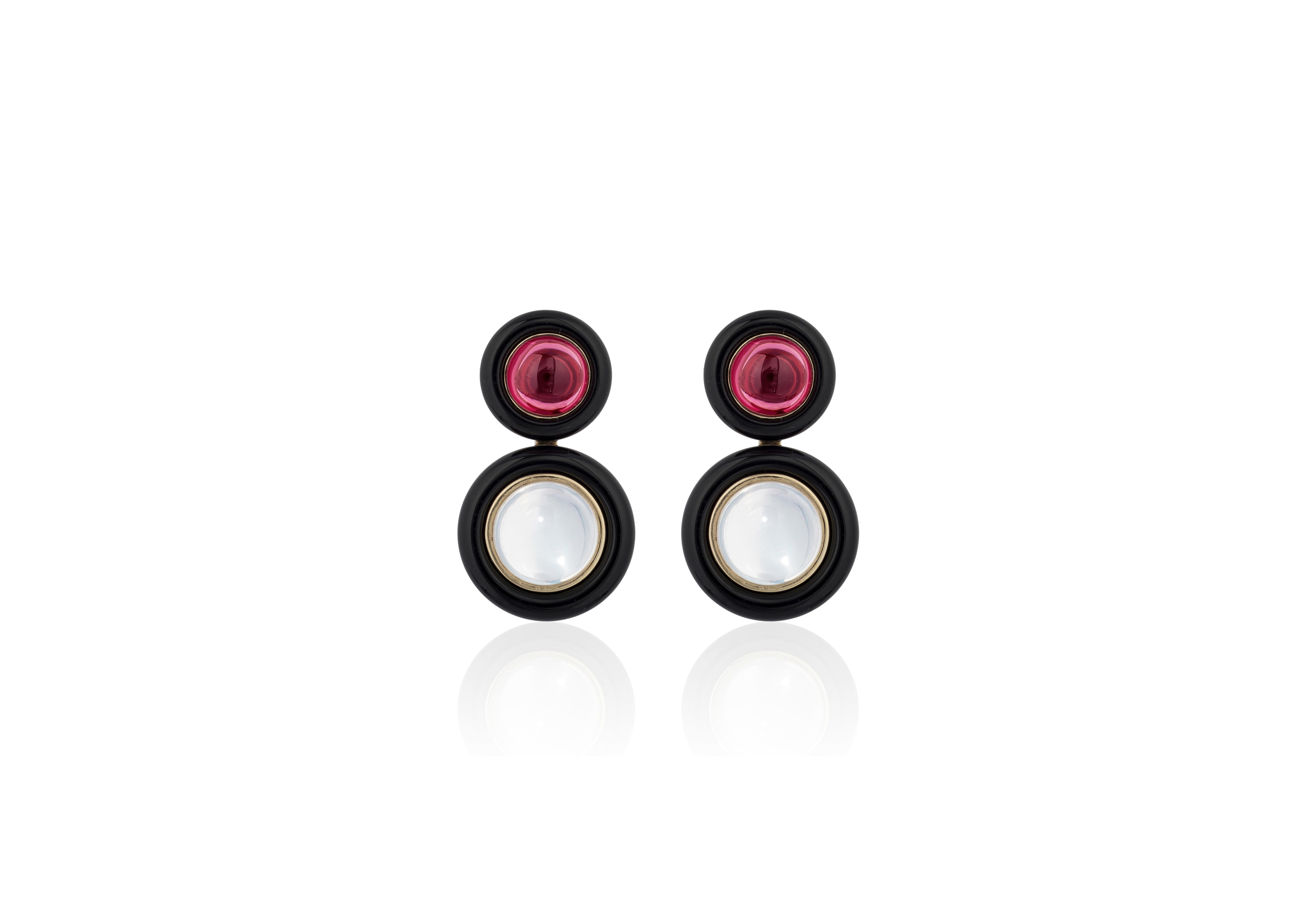 Boucles d'oreilles en grenat et quartz lunaire avec anneau en onyx en or jaune 18 carats, de la série 