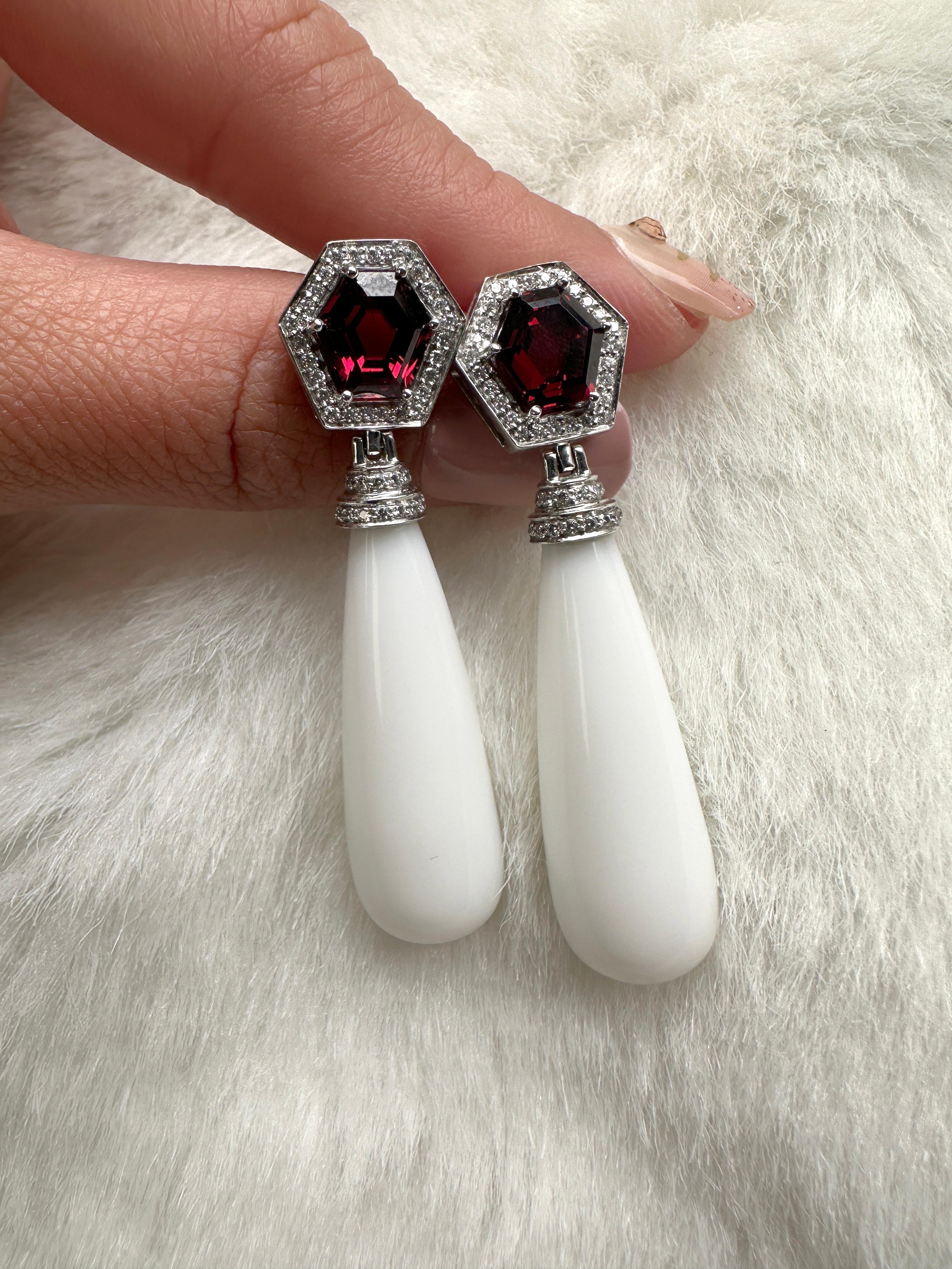 Cabochon Goshwara Garnet & White Agate Drop with Diamonds Earrings For Sale