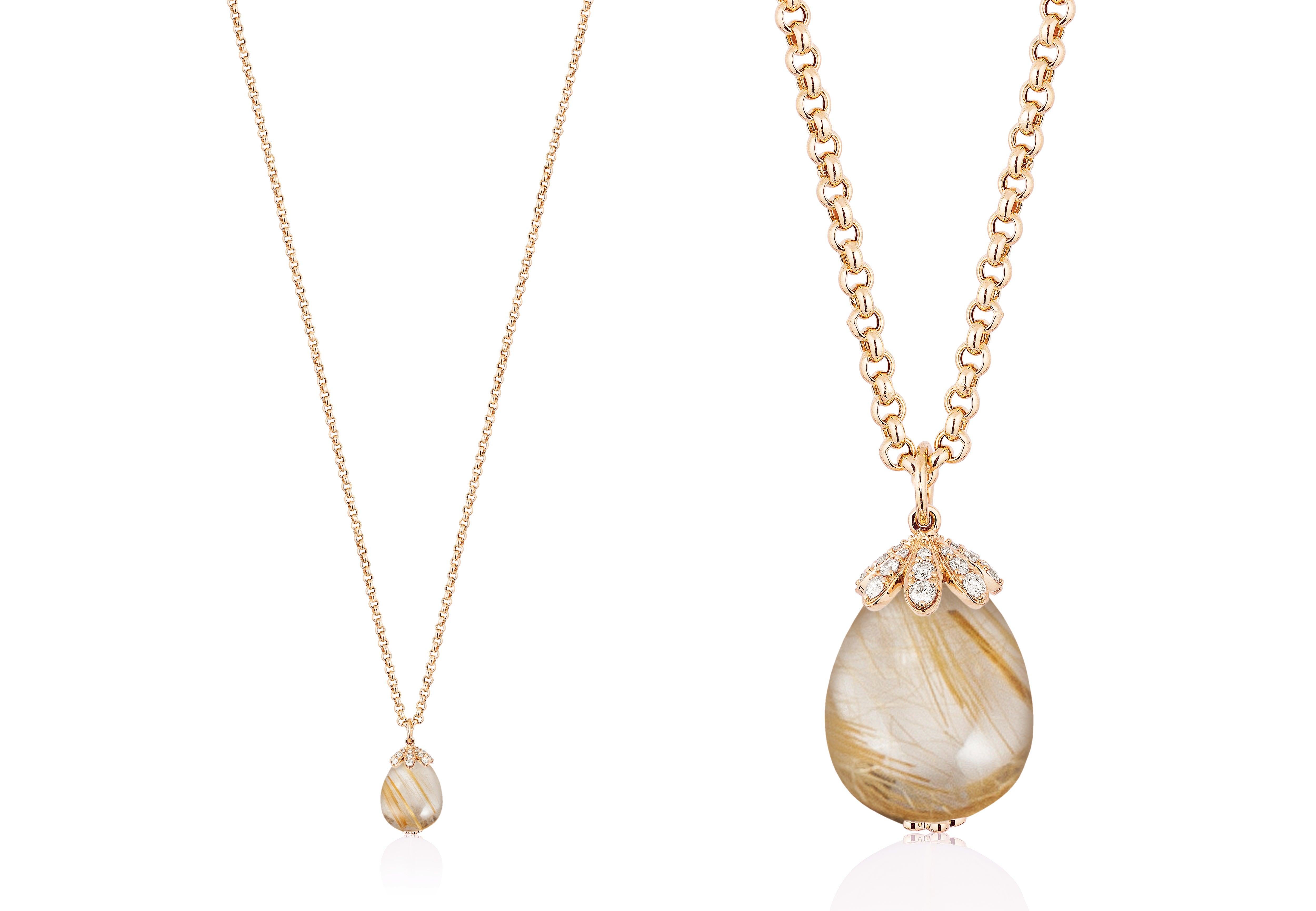 Cabochon Goshwara Golden Rutilated Drop And Diamond Pendant For Sale