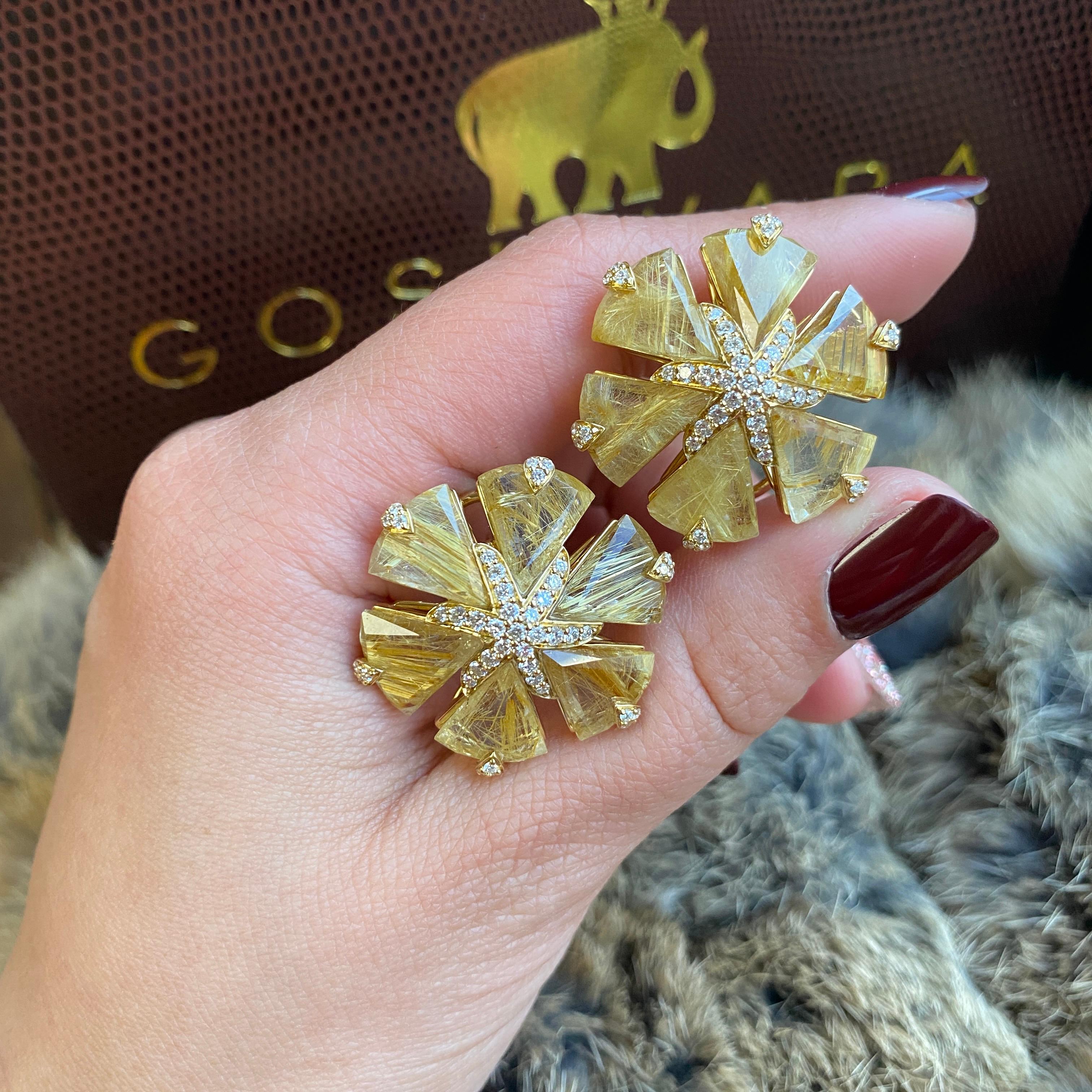 Goshwara Golden Rutilated Fancy Trillion Flower Diamond Earrings For Sale 2