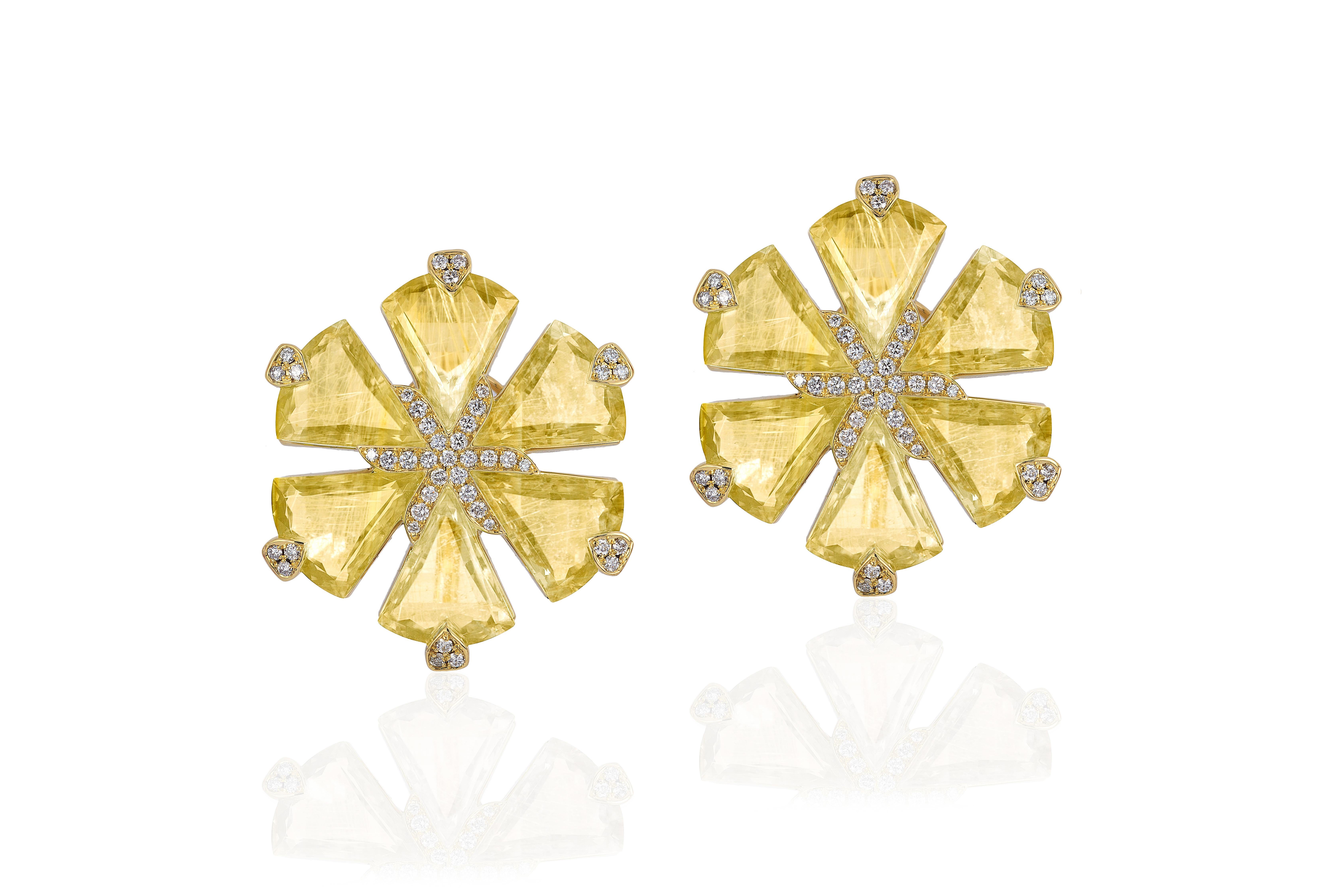 Trillion Cut Goshwara Golden Rutilated Fancy Trillion Flower Diamond Earrings For Sale