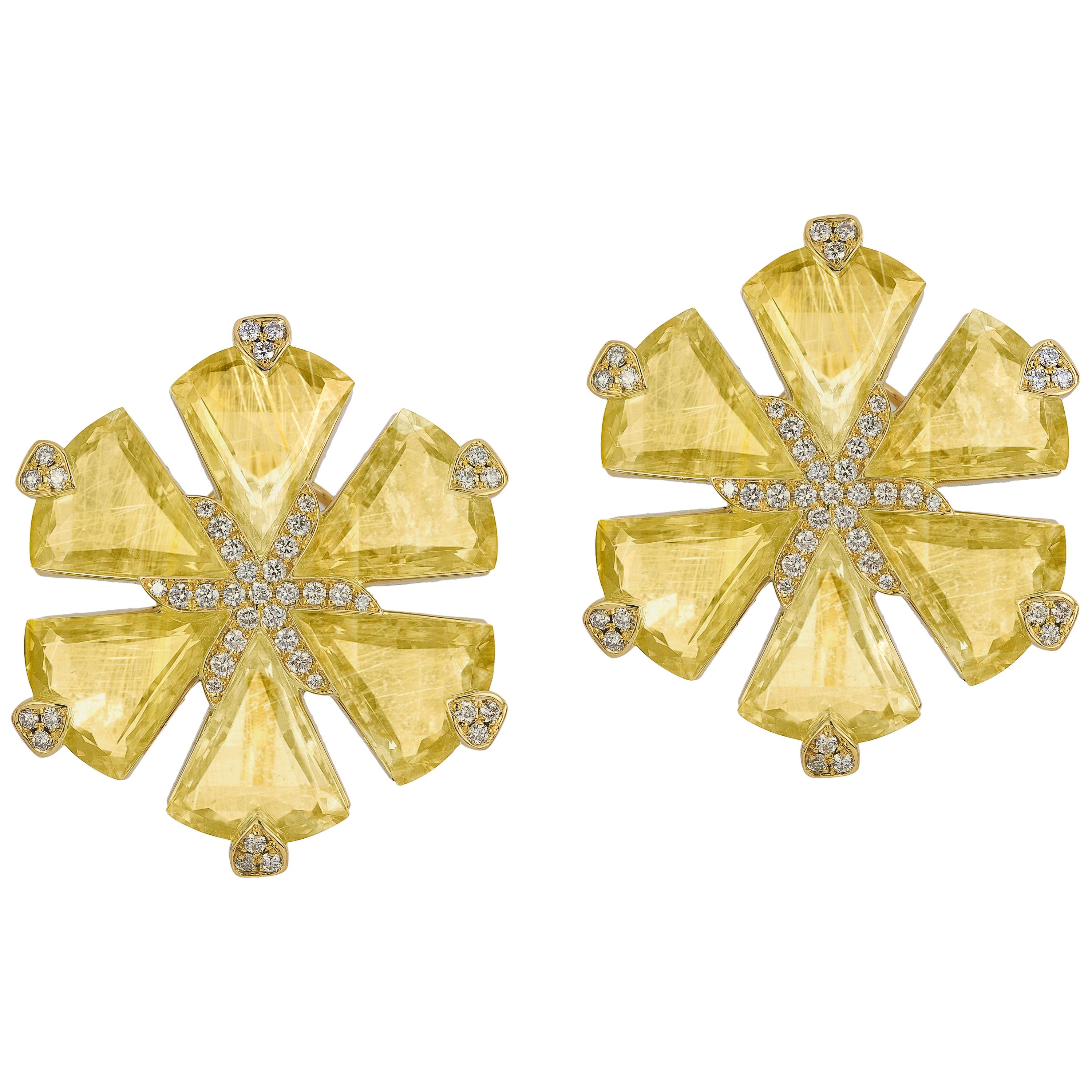 Goshwara Golden Rutilated Fancy Trillion Flower Diamond Earrings For Sale