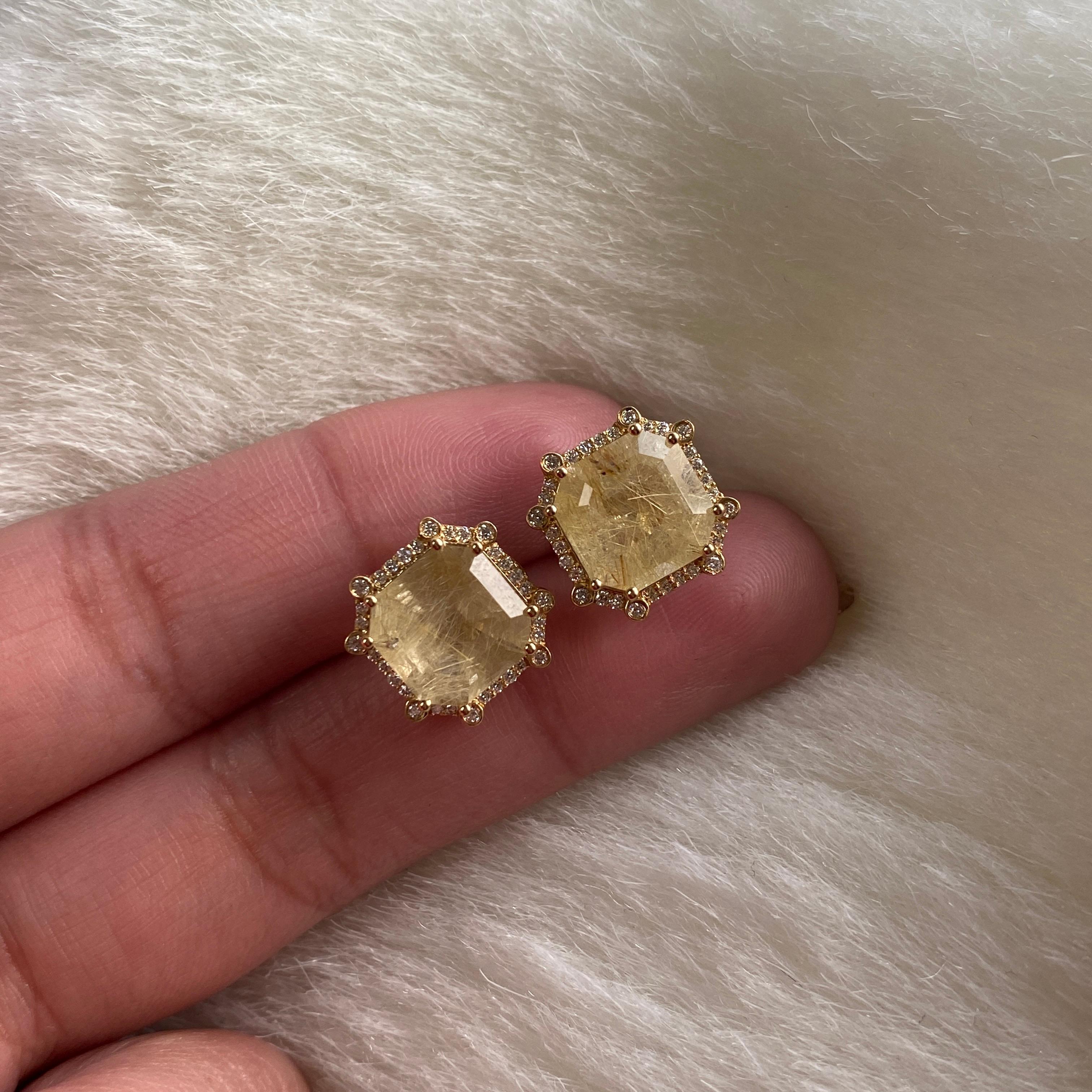 Goshwara Golden Rutilated Octagon And Diamond Stud Earrings In New Condition In New York, NY