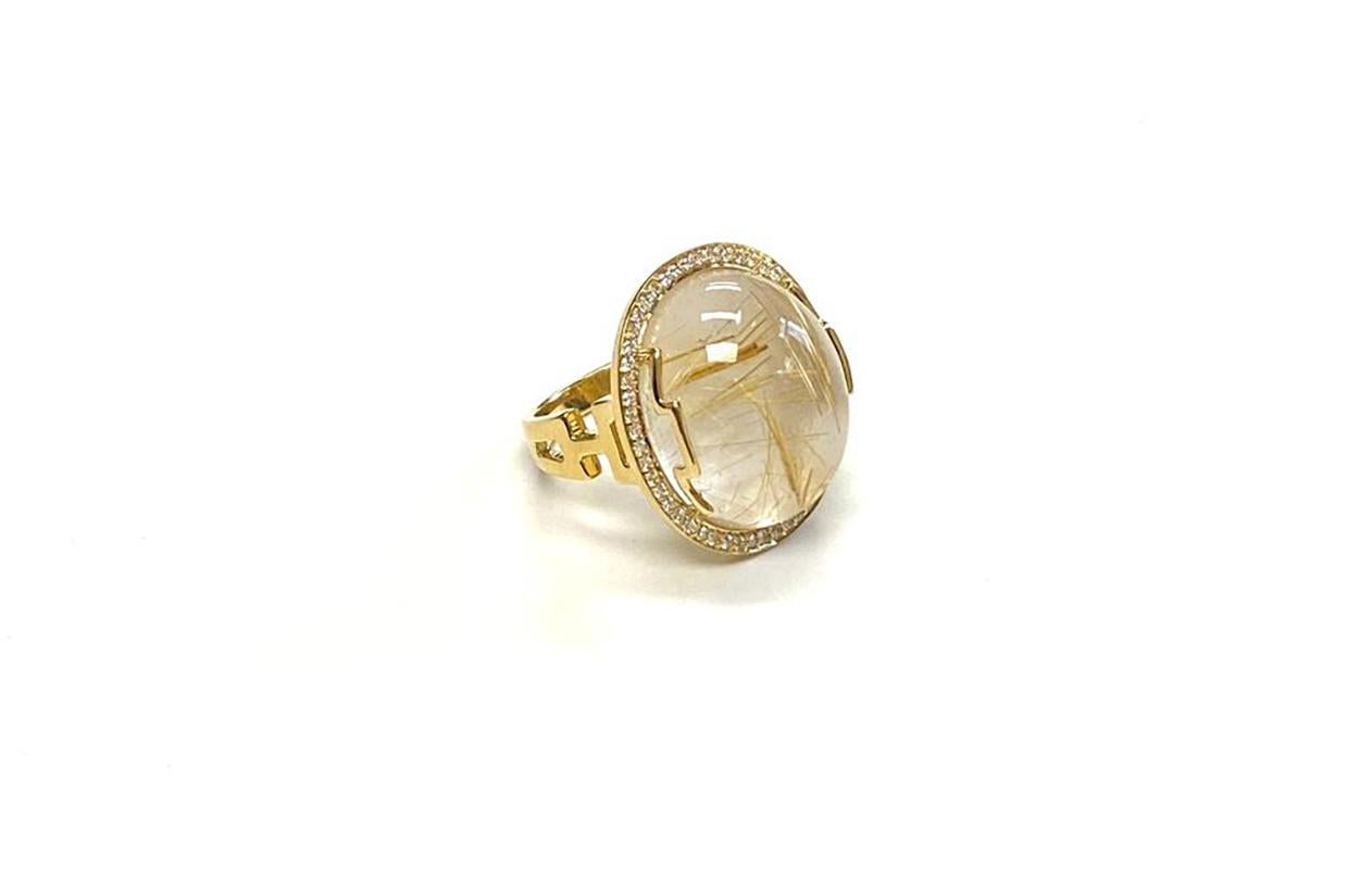 Contemporary Goshwara Golden Rutilated Oval Cabochon with Diamonds Ring For Sale